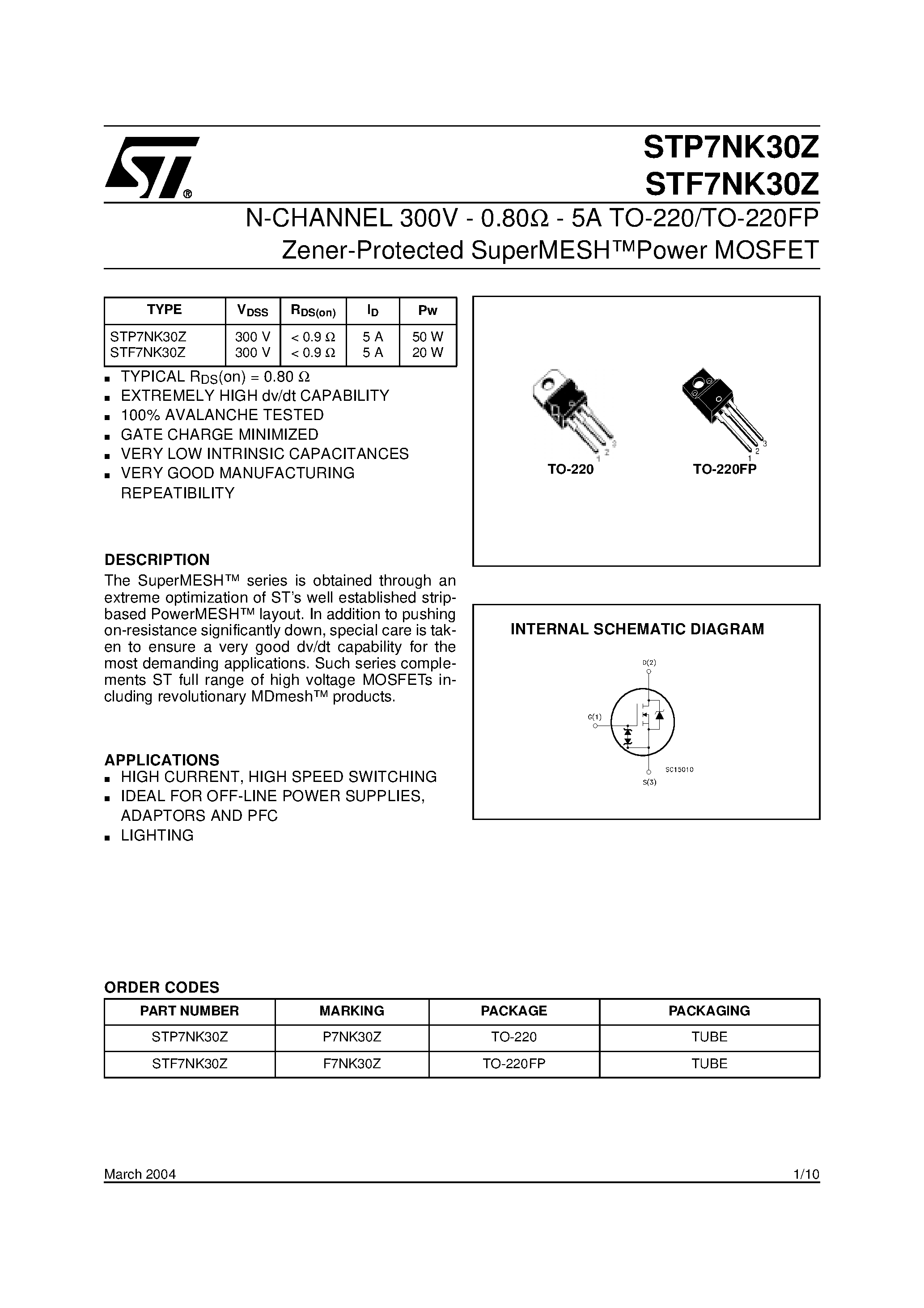 Datasheet STF7NK30Z - N-CHANNEL MOSFET page 1