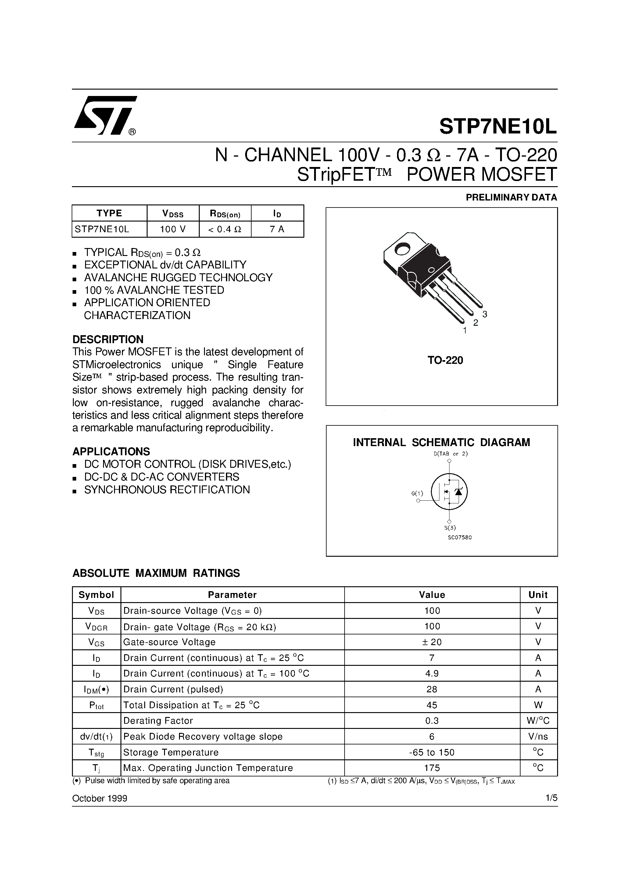 Datasheet STP7NE10L - N - CHANNEL 100V - 0.3 ohm - 7A - TO-220 STripFET POWER MOSFET page 1