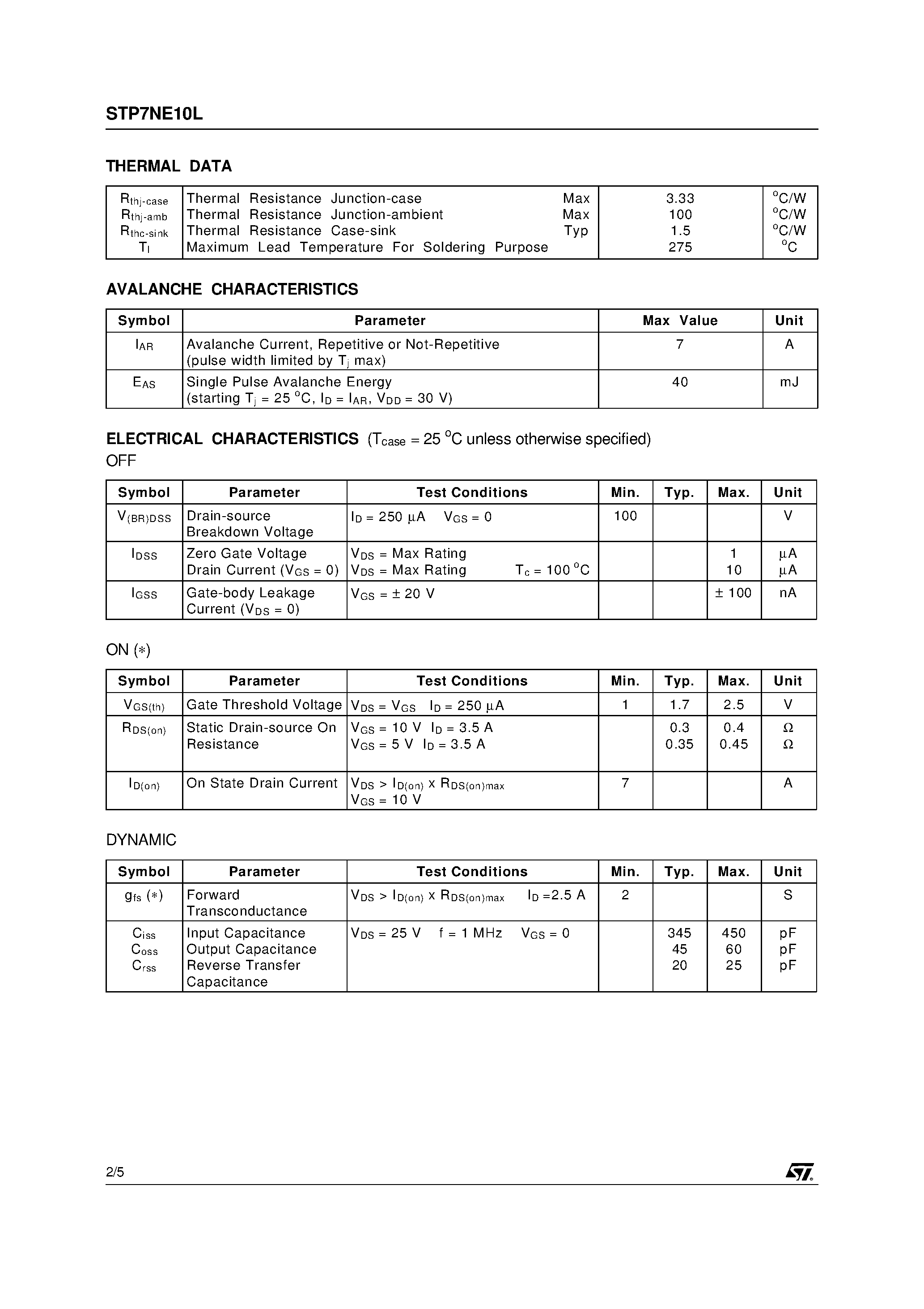Datasheet STP7NE10L - N - CHANNEL 100V - 0.3 ohm - 7A - TO-220 STripFET POWER MOSFET page 2