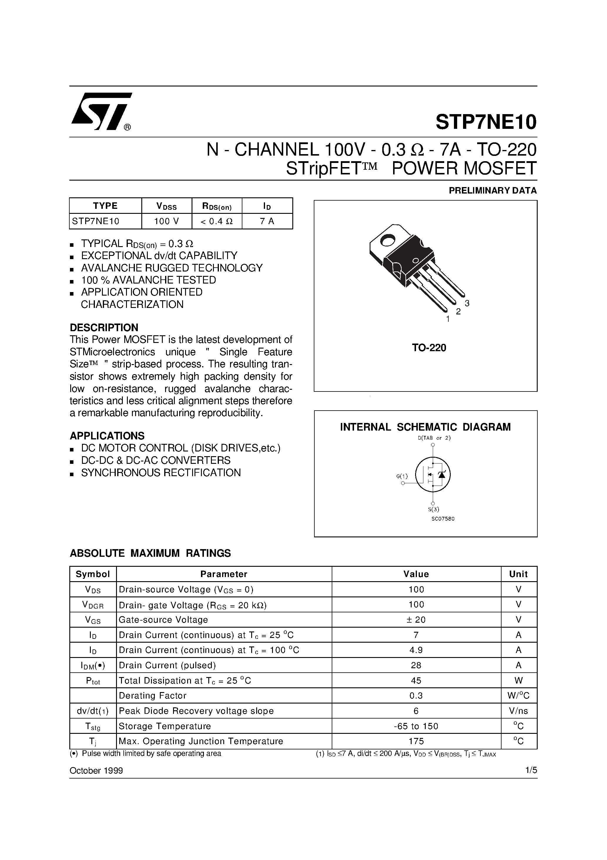 Datasheet STP7NE10 - N - CHANNEL 100V - 0.3 ohm - 7A - TO-220 STripFET POWER MOSFET page 1