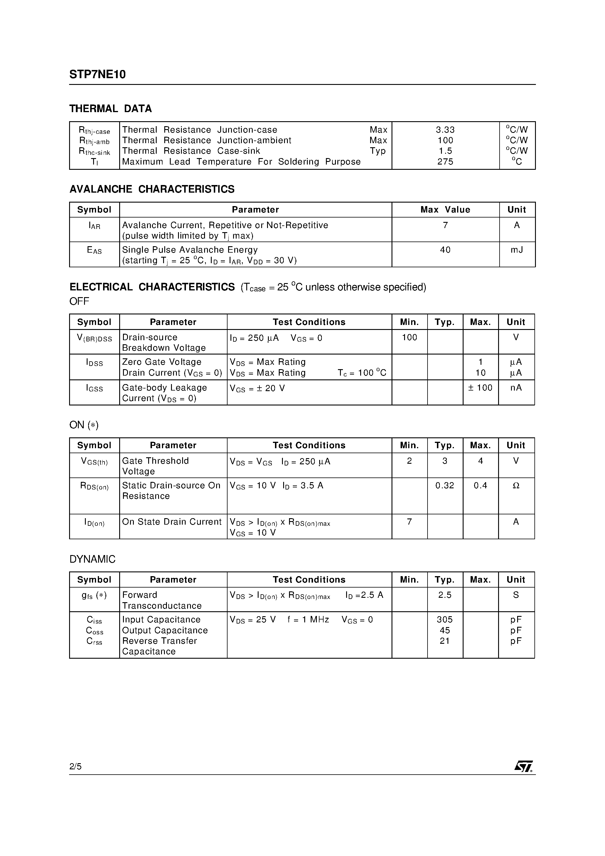 Datasheet STP7NE10 - N - CHANNEL 100V - 0.3 ohm - 7A - TO-220 STripFET POWER MOSFET page 2