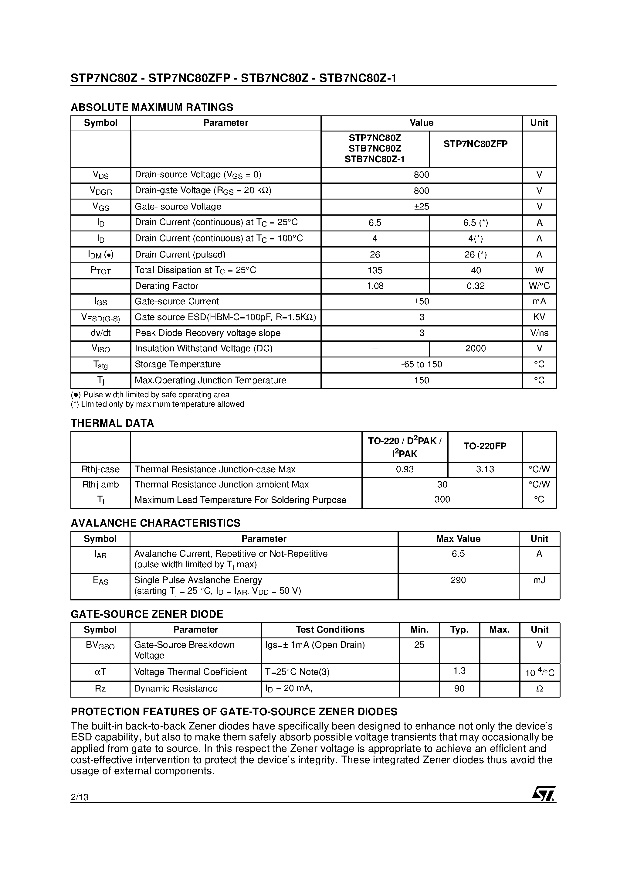 Datasheet STB7NC80Z page 2 Datasheet STB7NC80Z - N-CHANNEL MOSFET page 2
