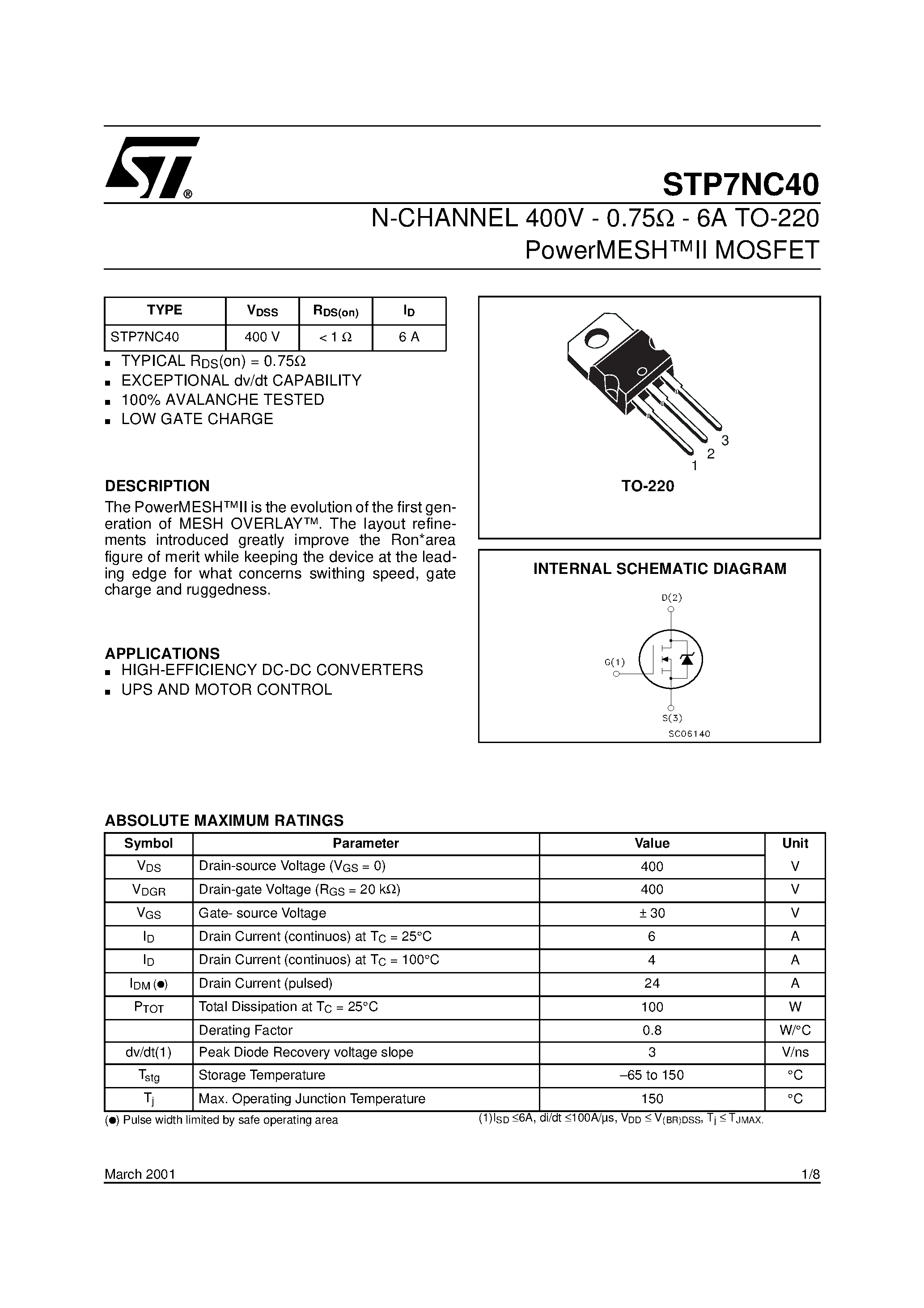 Datasheet STP7NC40 - N-CHANNEL MOSFET page 1