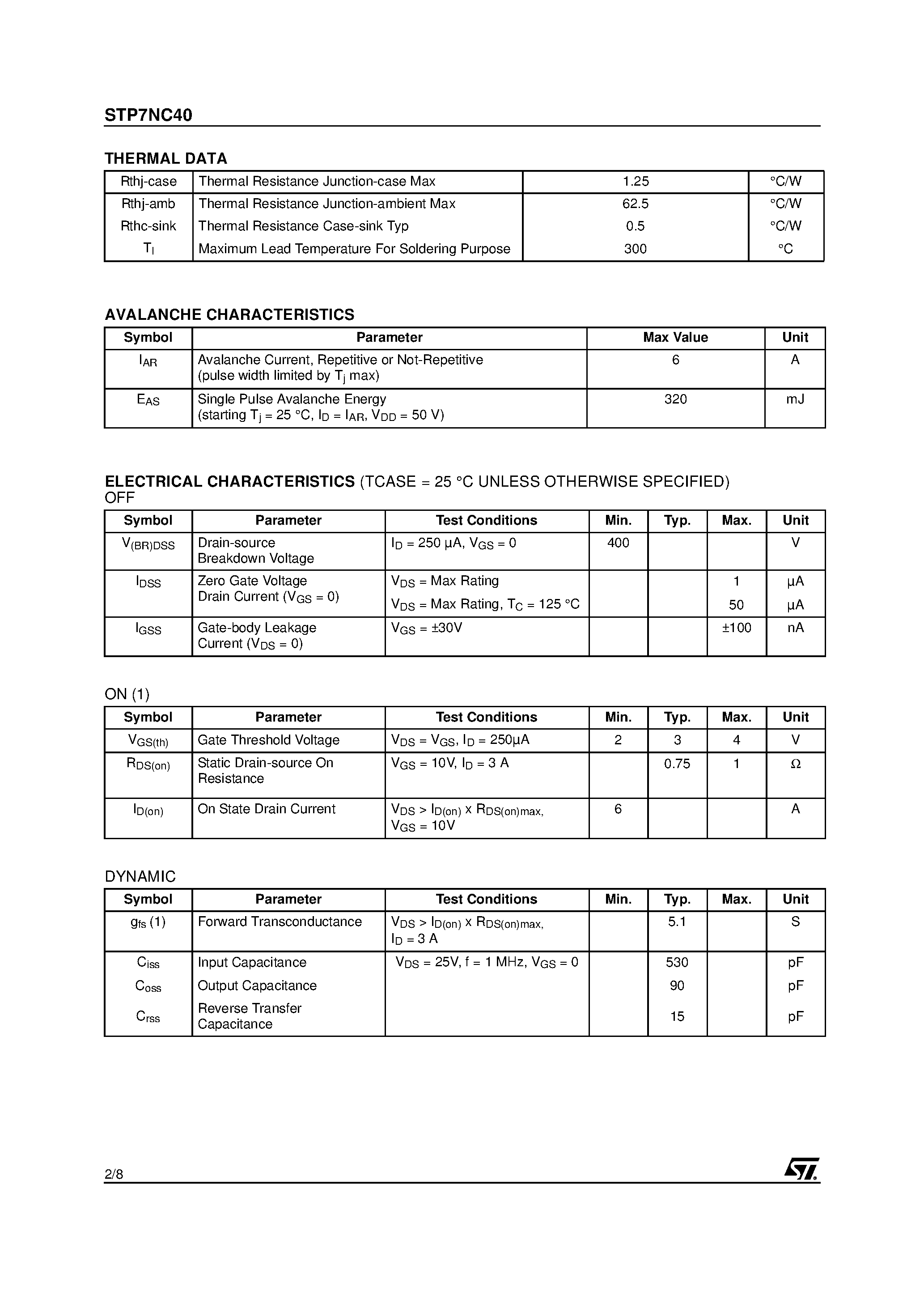 Datasheet STP7NC40 - N-CHANNEL MOSFET page 2