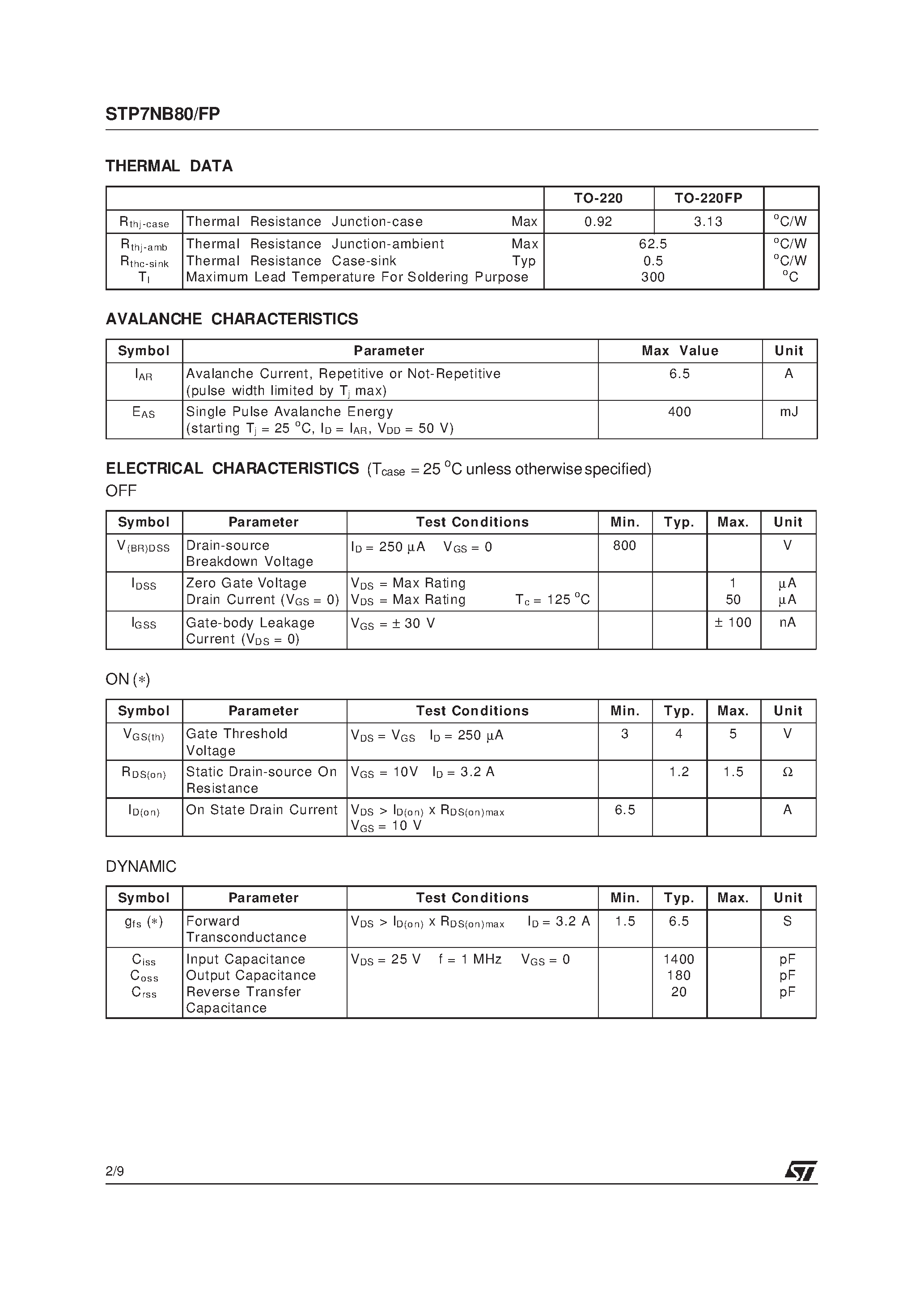 Datasheet STP7NB80 - N - CHANNEL 800V - 1.2ohm - 6.5A - TO-220/TO-220FP PowerMESH MOSFET page 2