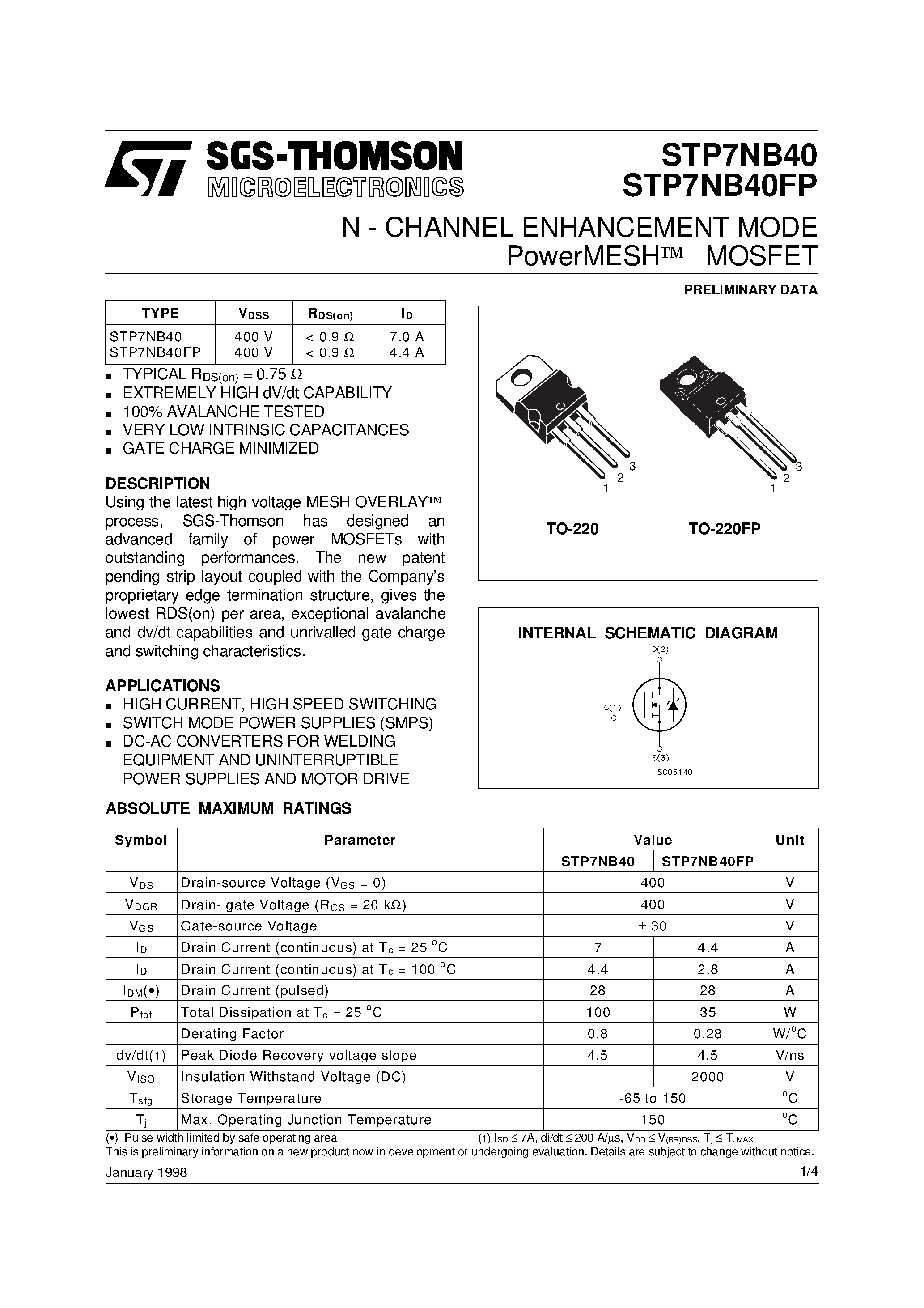 Datasheet STP7NB40 page 1 Datasheet STP7NB40 - N - CHANNEL ENHANCEMENT MODE PowerMESH MOSFET page 1