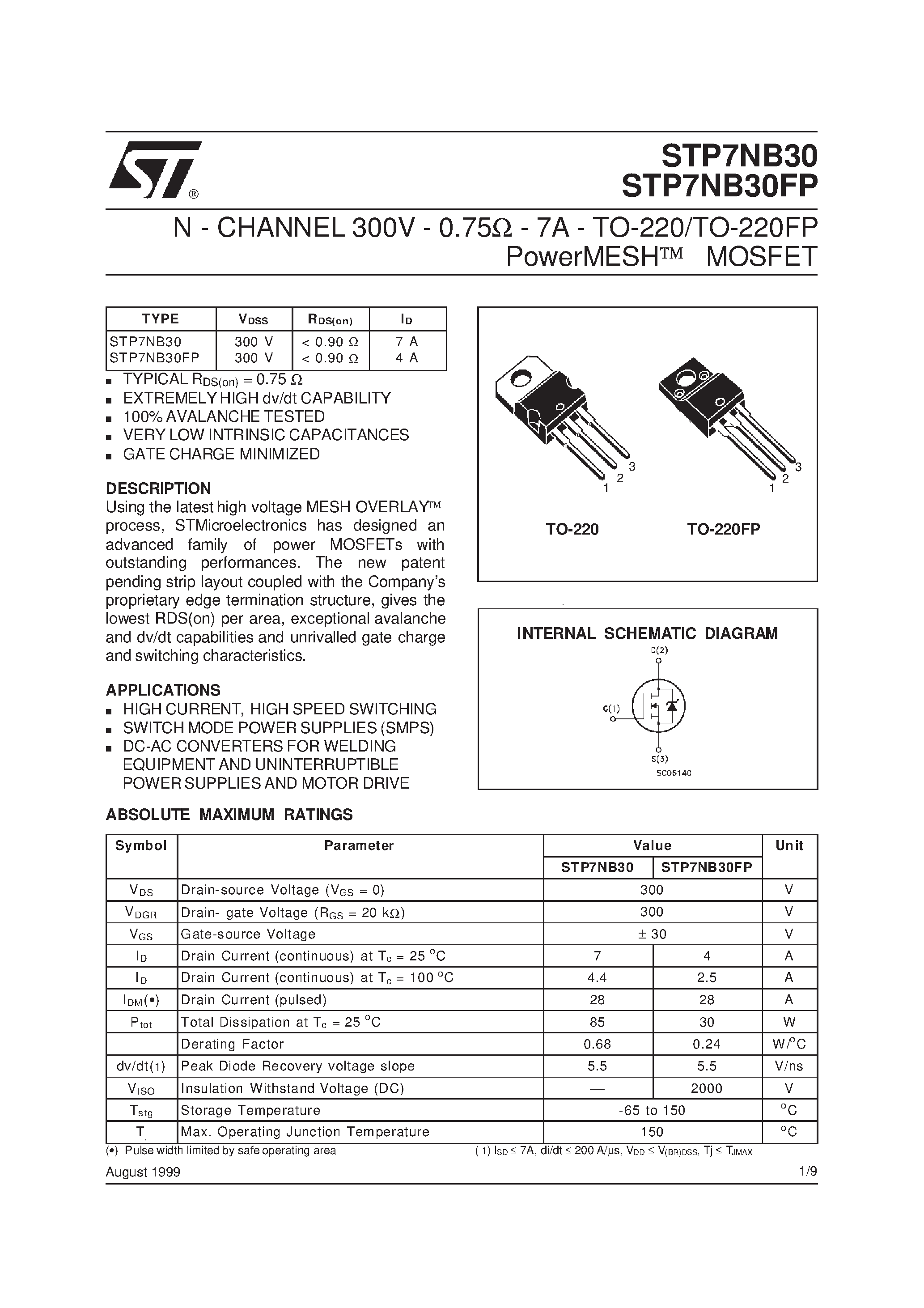 Datasheet STP7NB30 page 1 Datasheet STP7NB30 - N - CHANNEL 300V - 0.75ohm - 7A - TO-220/TO-220FP PowerMESH MOSFET page 1