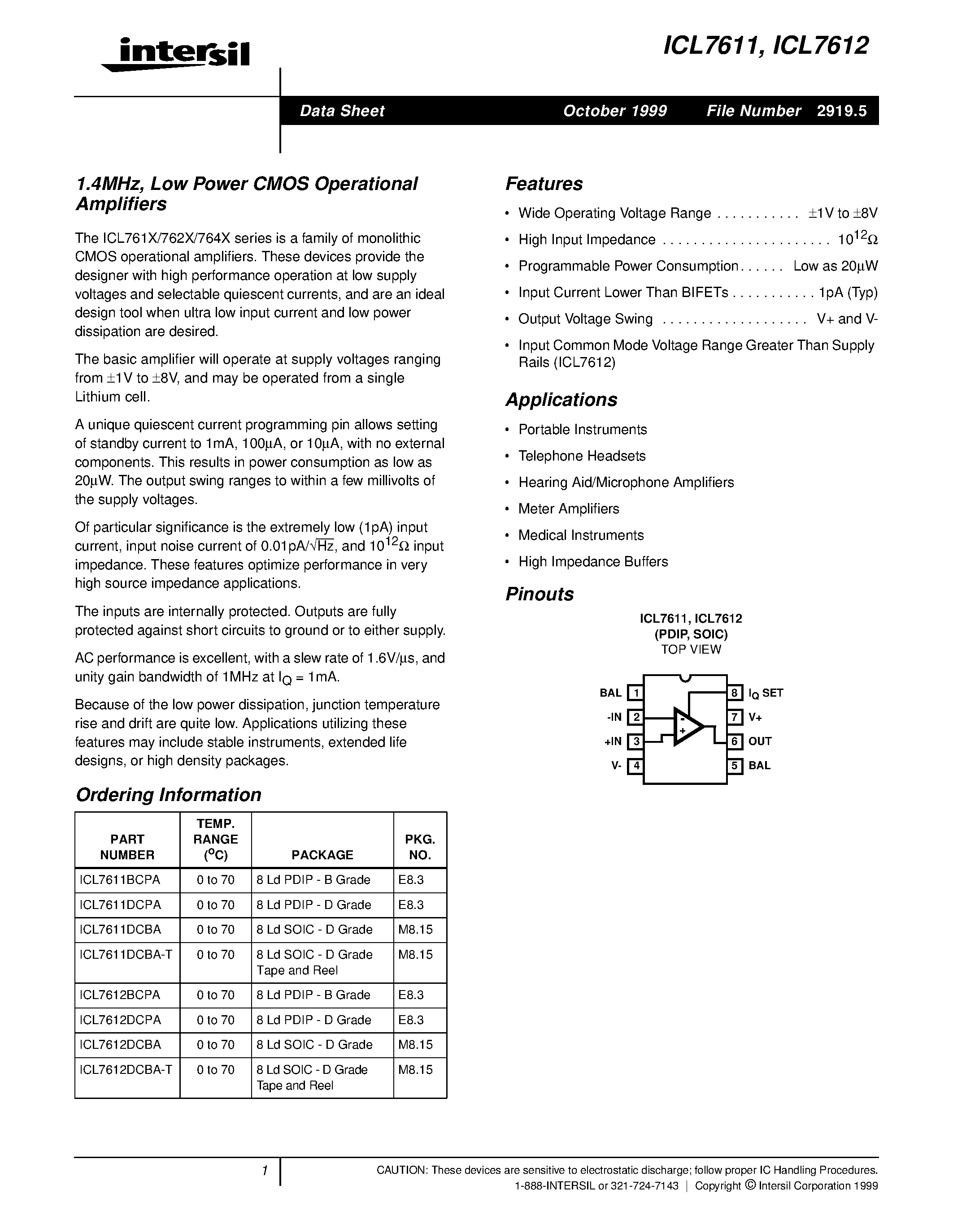 Даташит на микросхему ICL7611 страница 1 Даташит ICL7611 - (ICL7611 / ICL7612) 1.4MHz / Low Power CMOS Operational Amplifiers страница 1