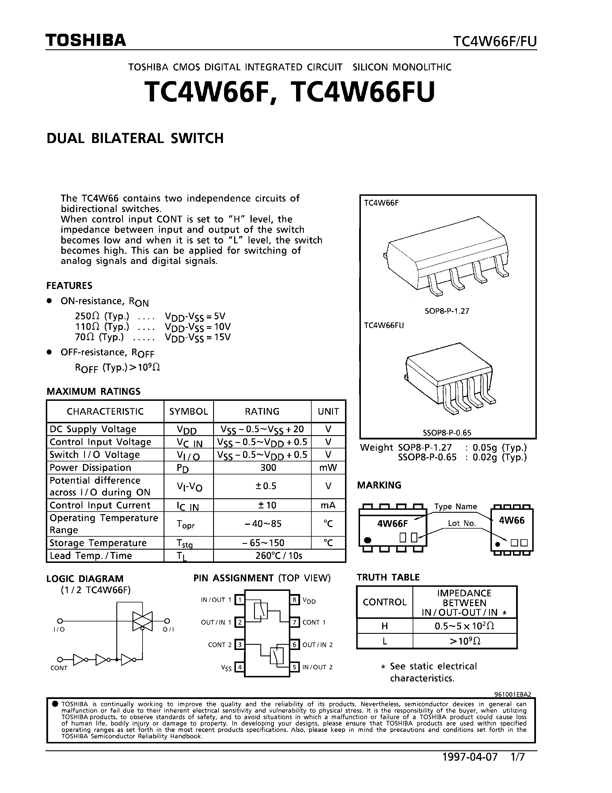 Даташит на микросхему TC4W66 страница 1 Даташит TC4W66 - DUAL BILATERAL SWITCH страница 1
