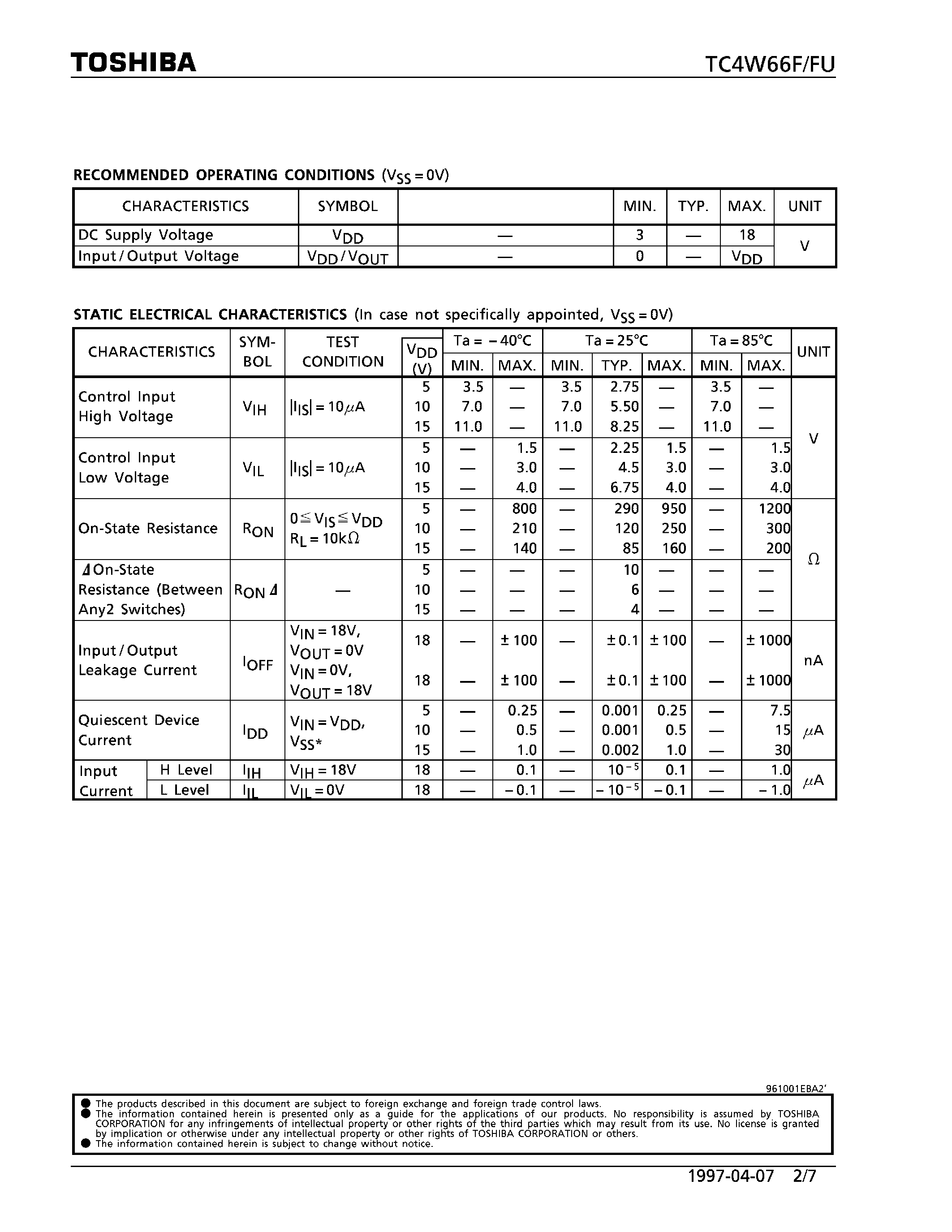 Даташит на микросхему TC4W66 страница 2 Даташит TC4W66 - DUAL BILATERAL SWITCH страница 2