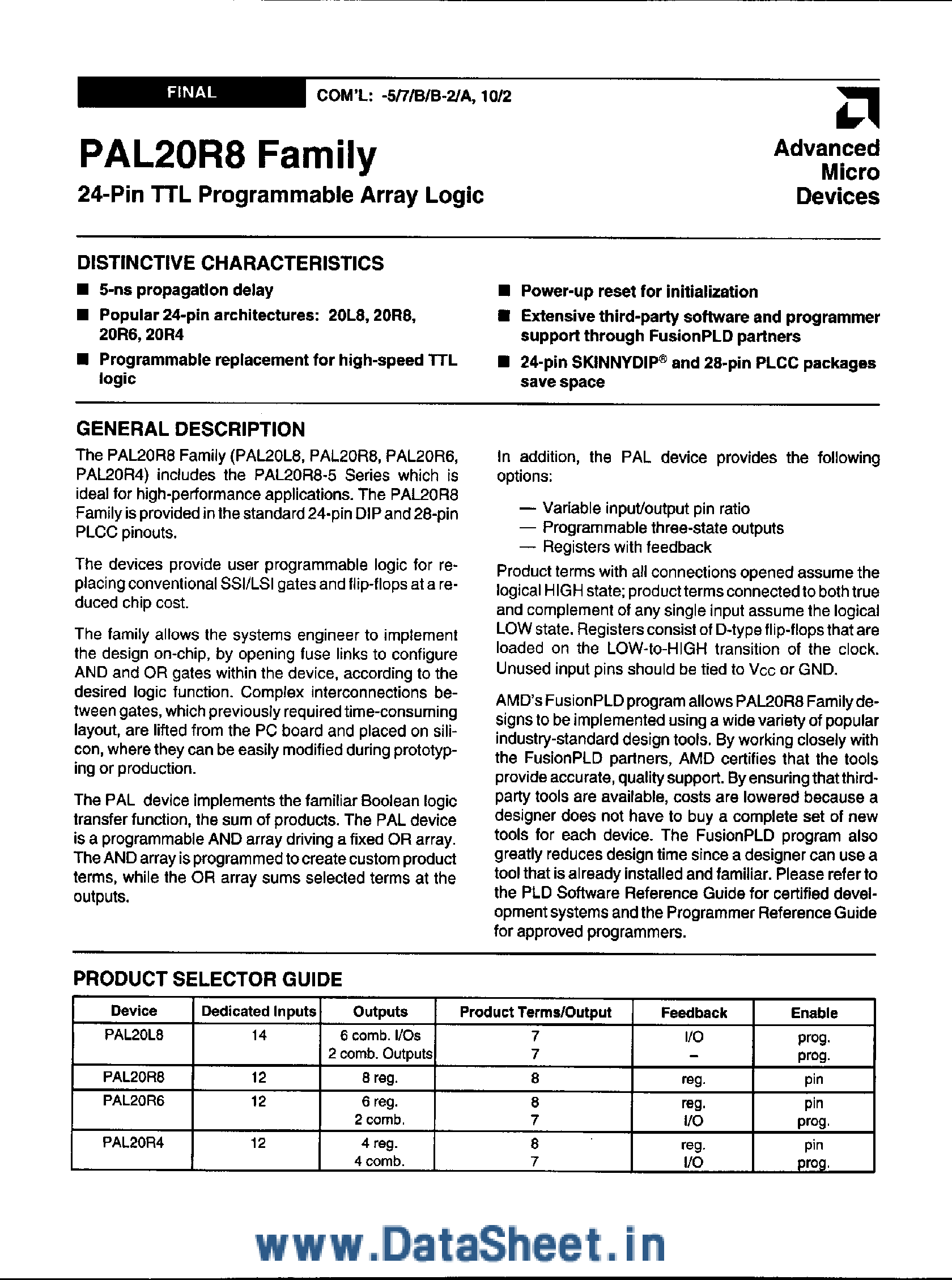 Datasheet PAL20Rx page 1 Datasheet PAL20Rx - 28 Pin TTL Programmable Array Logic page 1