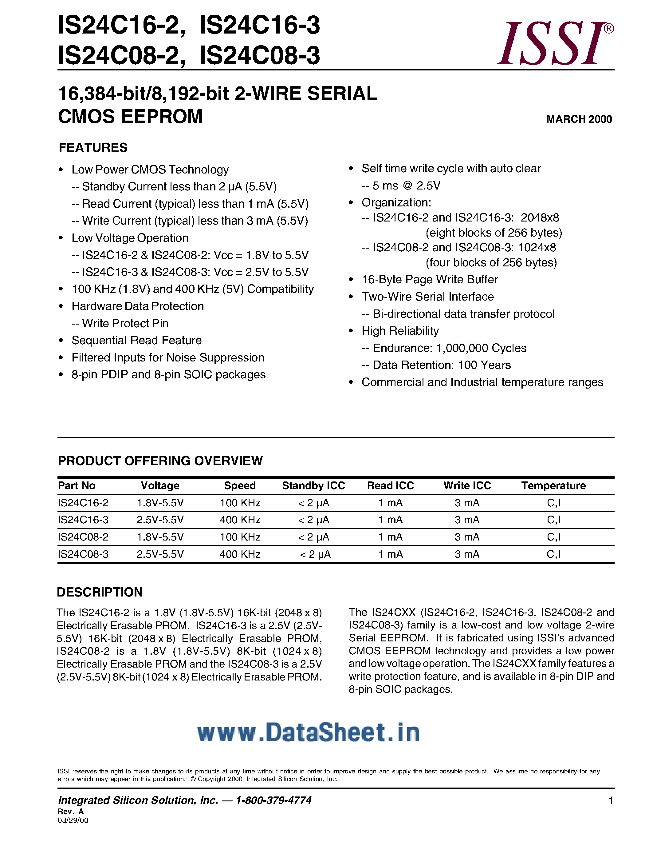 Datasheet 24C016 - 2 Wire Serial CMOS EEPROM page 1