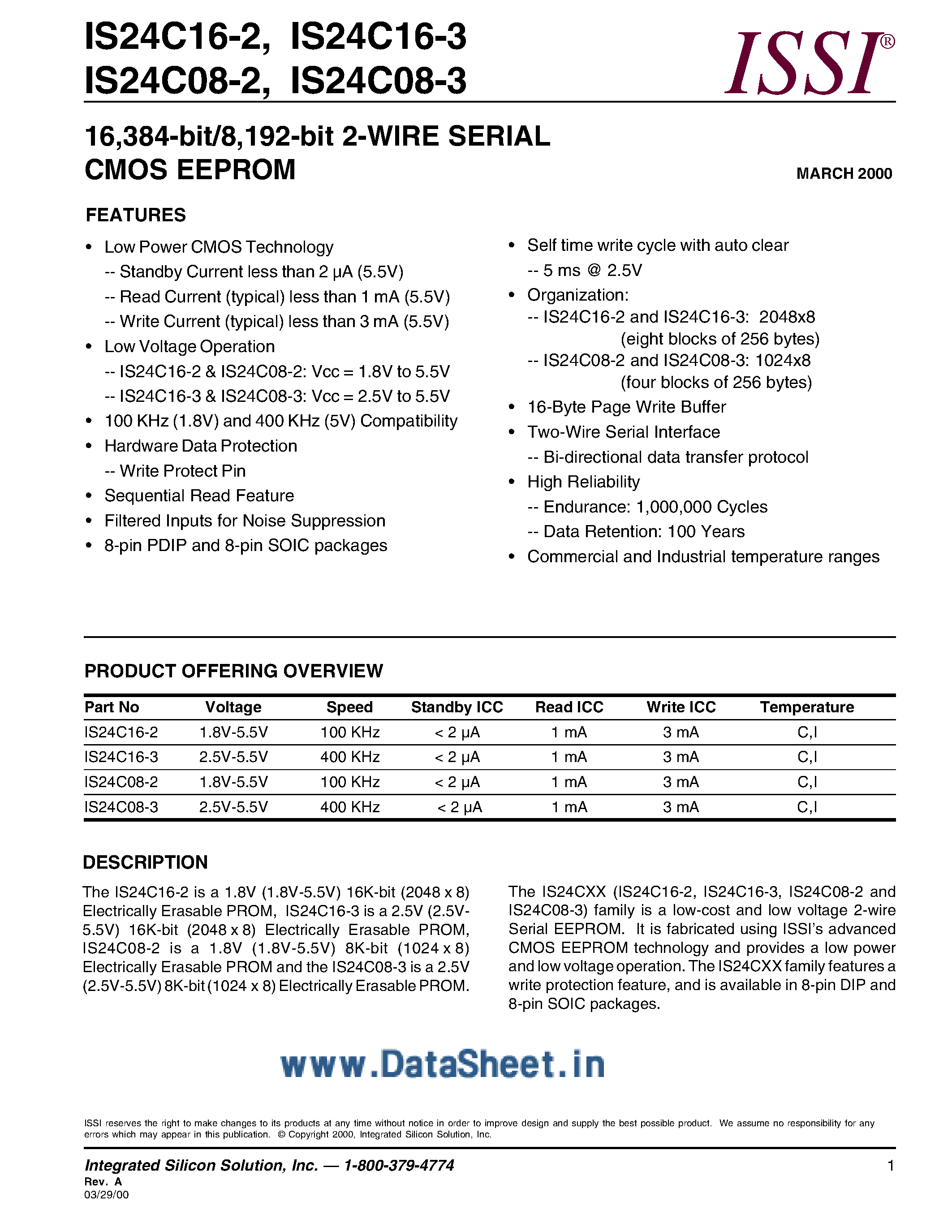 Datasheet IS24C016 - 2 Wire Serial CMOS EEPROM page 1