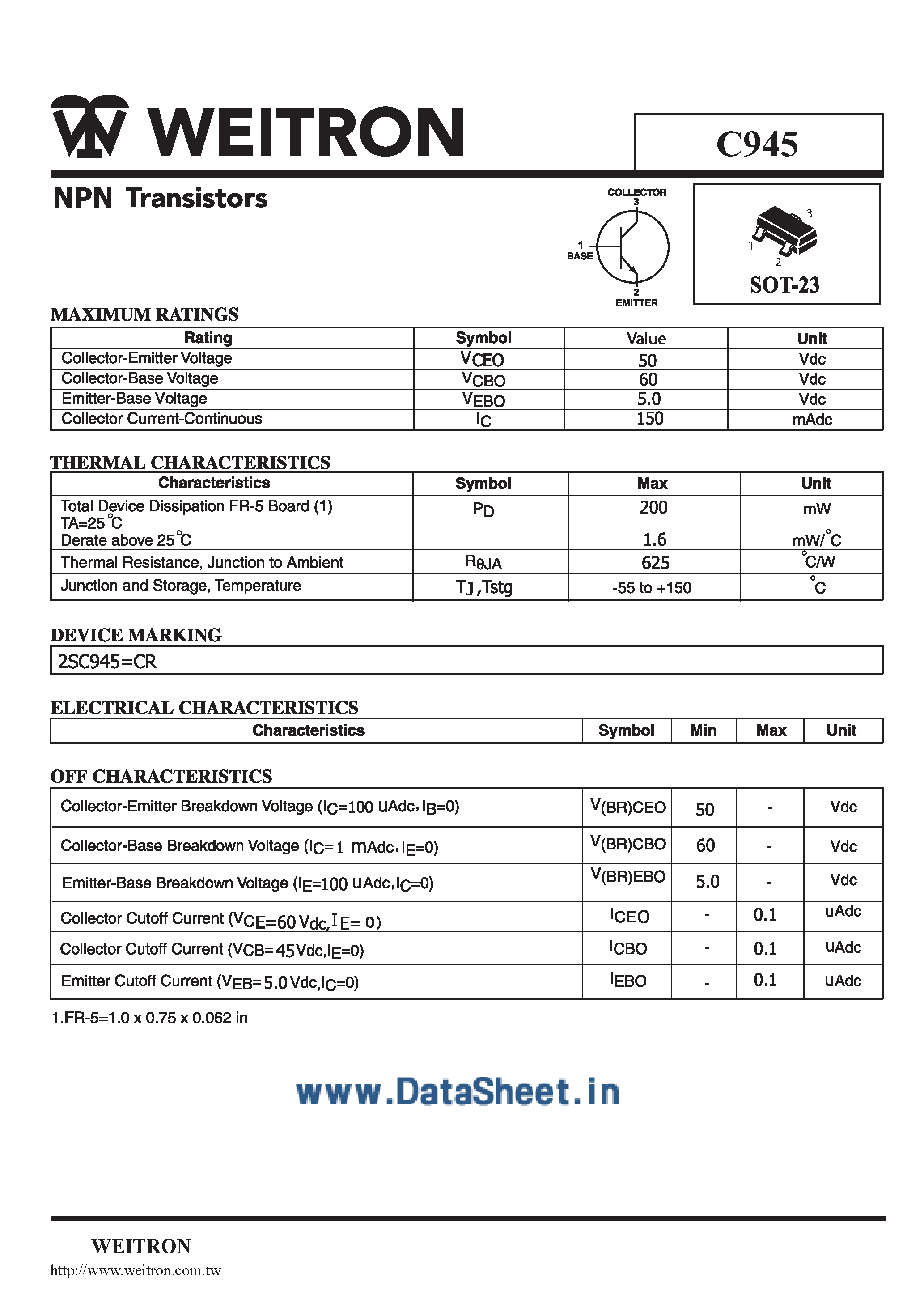 Даташит C945 - NPN Transistors страница 1