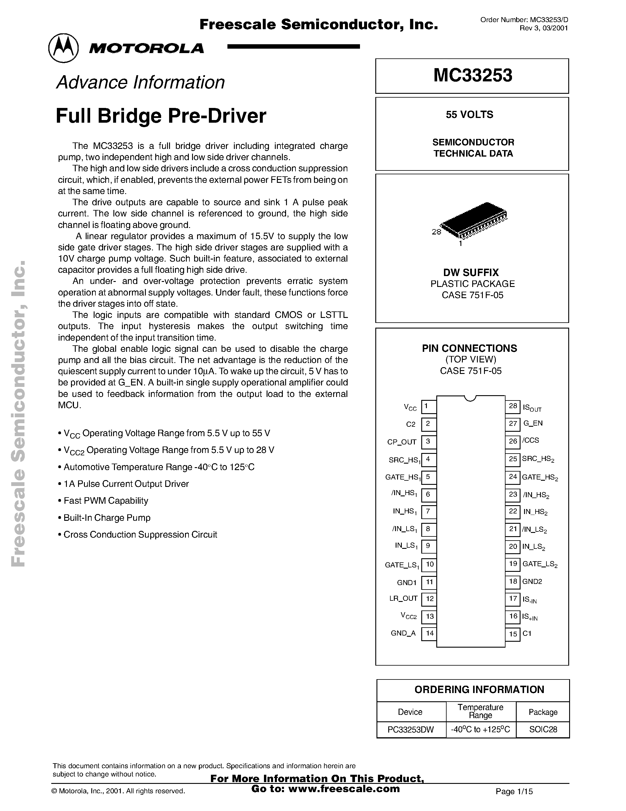 Даташит на микросхему MC33253 страница 1 Даташит MC33253 - Full Bridge Pre-Driver страница 1