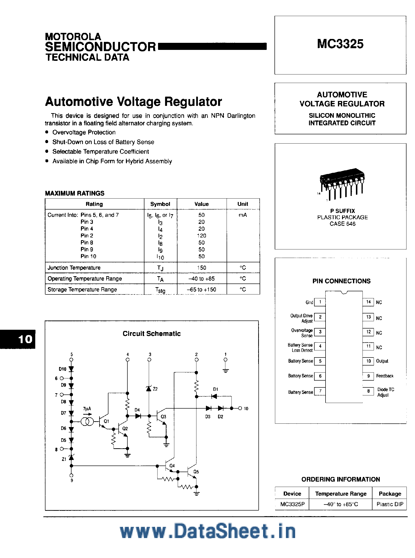 Даташит на микросхему MC3325 страница 1 Даташит MC3325 - Automotive Voltage Regulator страница 1