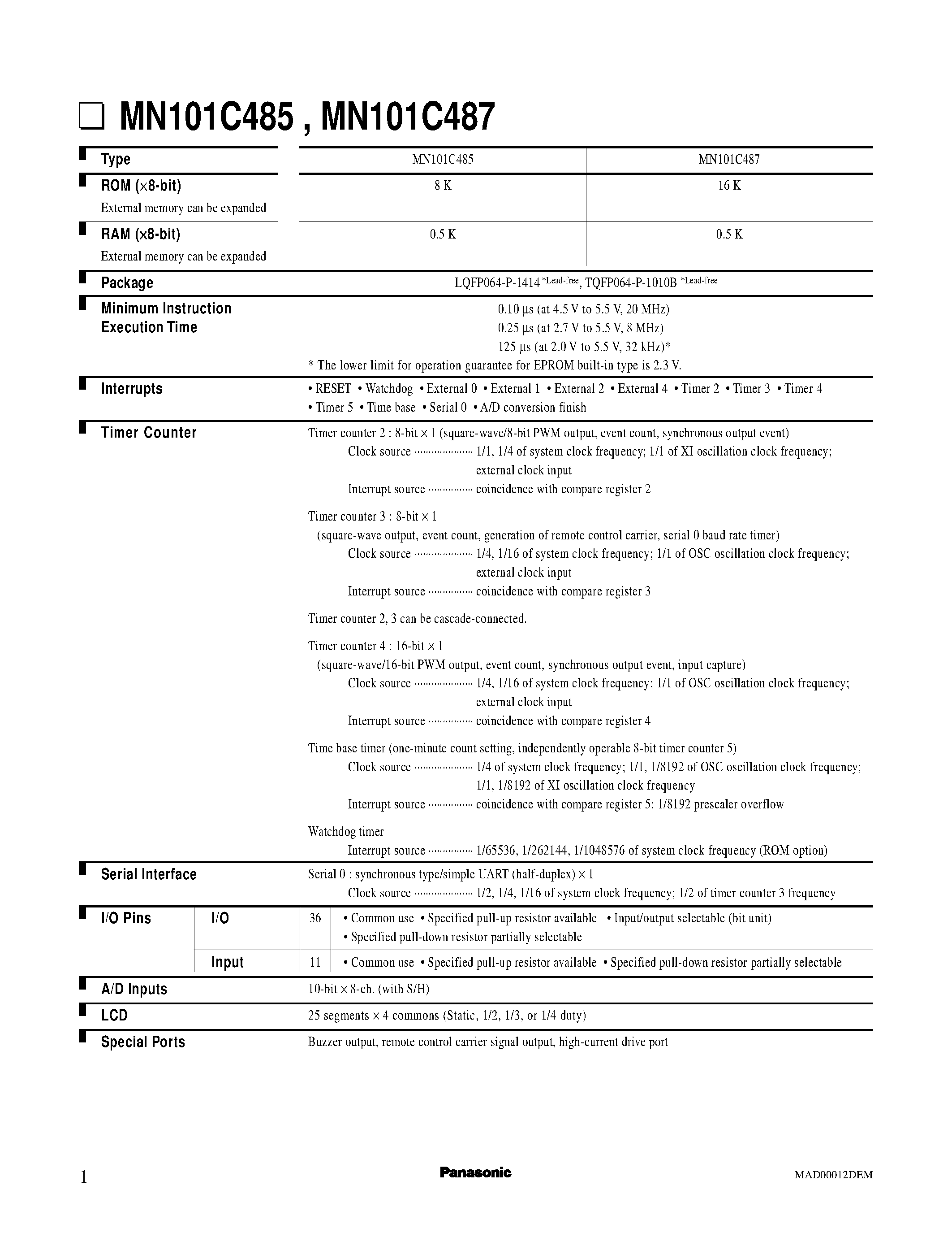 Datasheet MN101C485 - (MN101C485 / MN101C487) Timer counter 2 : 8-bit X 1 page 1