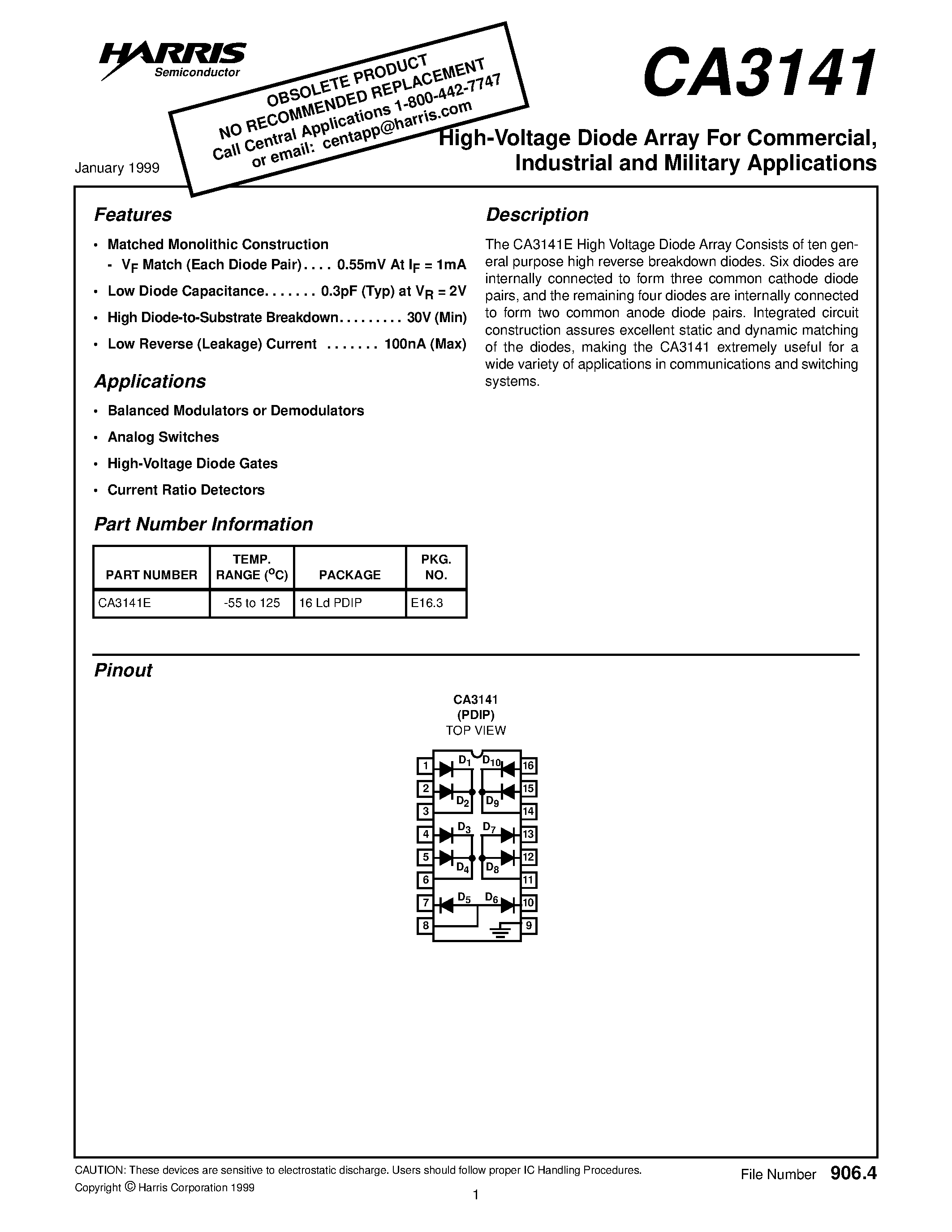 Datasheet CA3141 page 1 Datasheet CA3141 - High-Voltage Diode Array For Commercial / Industrial and Military Applications page 1