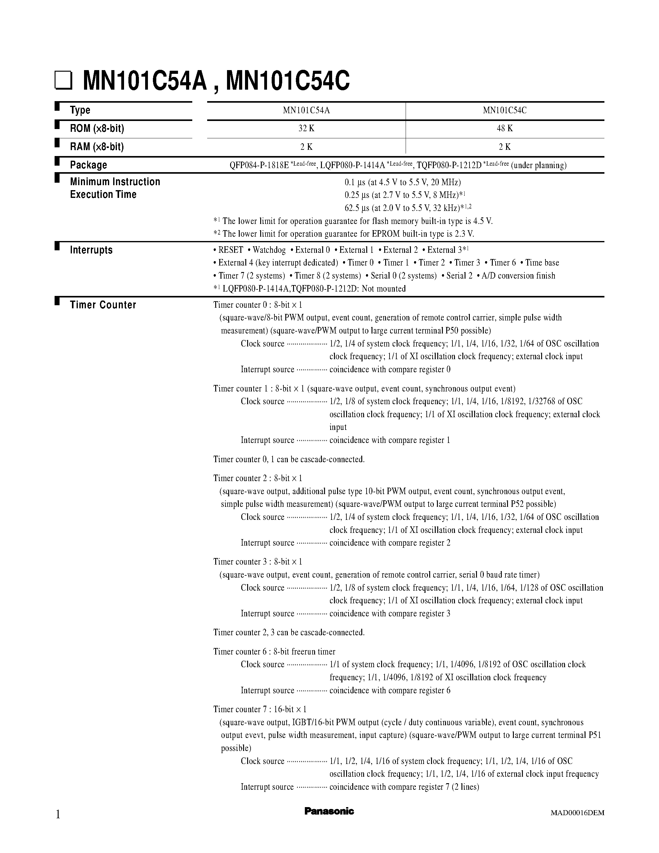 Datasheet MN101C54 - Lower limit for operation guarantee for flash memory built-in type is 4.5 V page 1
