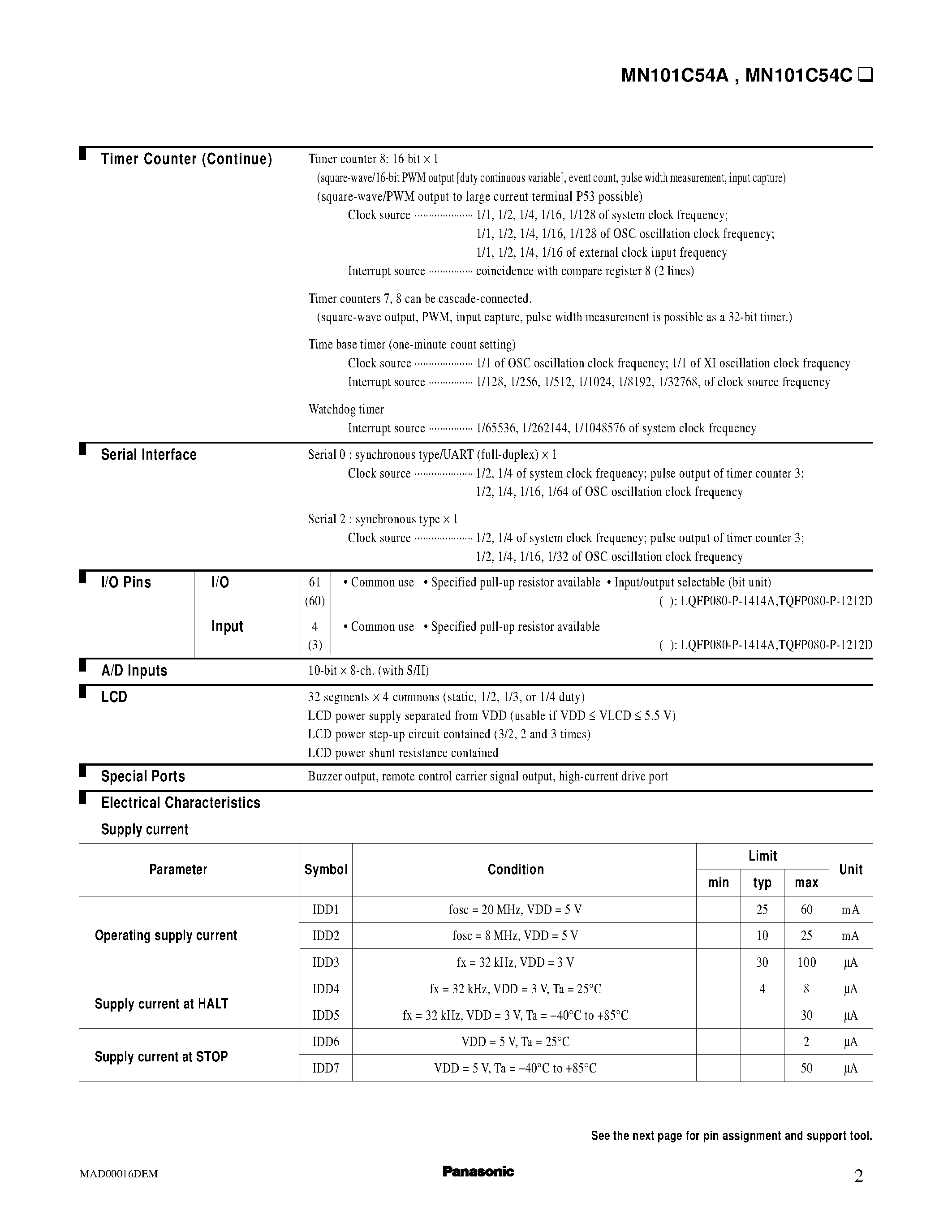 Datasheet MN101C54 - Lower limit for operation guarantee for flash memory built-in type is 4.5 V page 2