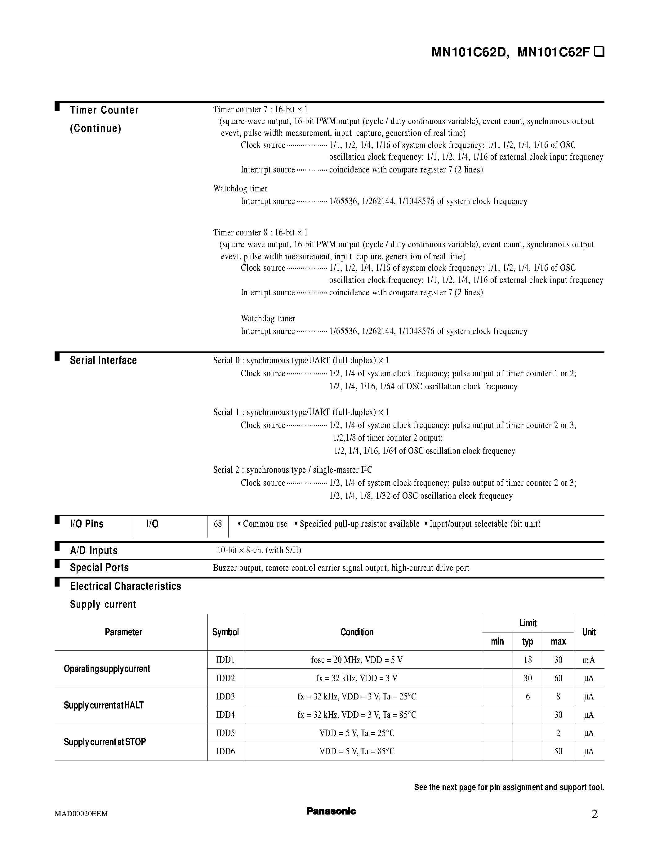 Даташит MN101C62 - The lower limit for operation guarantee for flash memory built-in type is 2.5 V страница 2