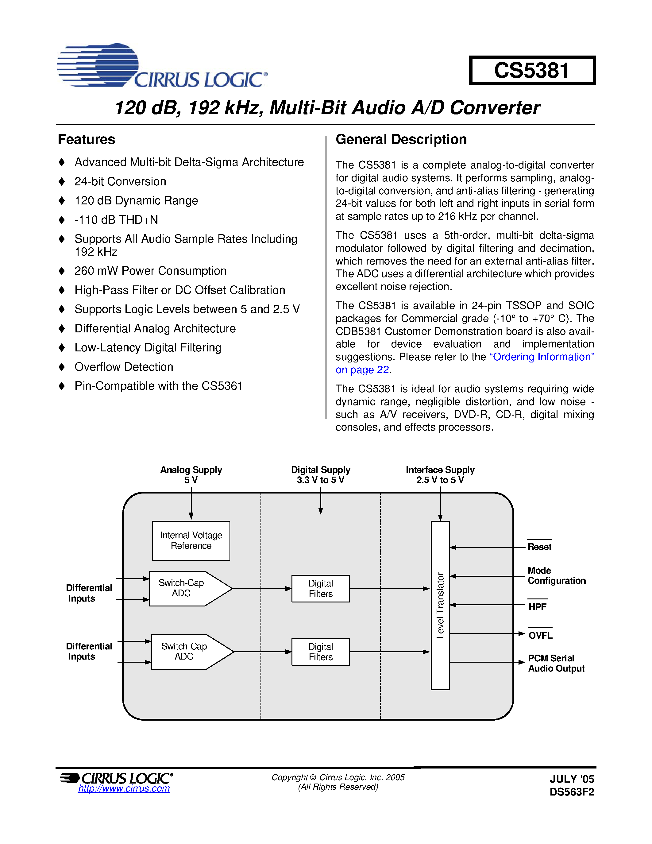 Datasheet CDB5381 - Multi-Bit Audio A/D Converter page 1