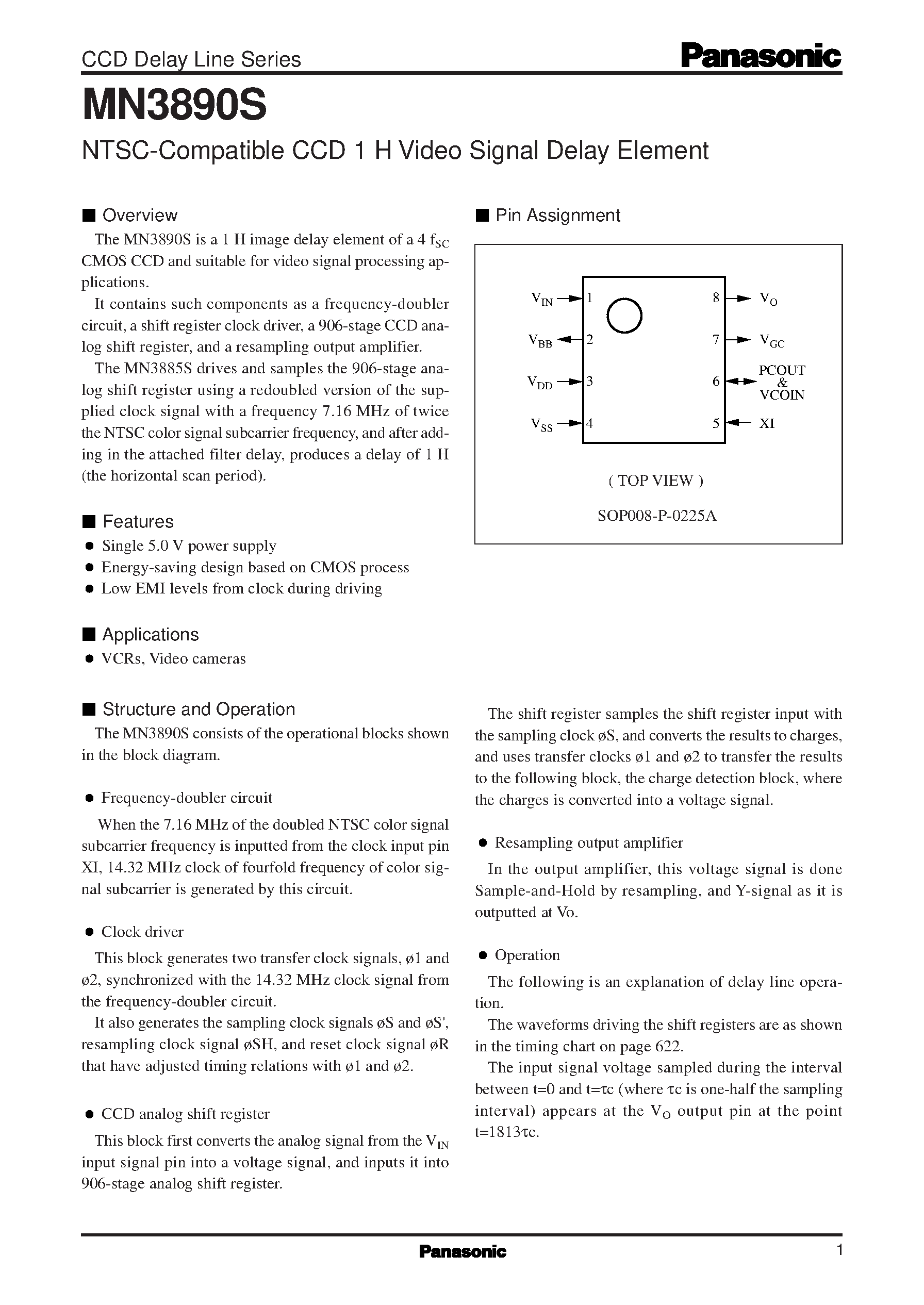 Datasheet MN3890S page 1 Datasheet MN3890S - NTSC-Compatible CCD 1 H Video Signal Delay Element page 1