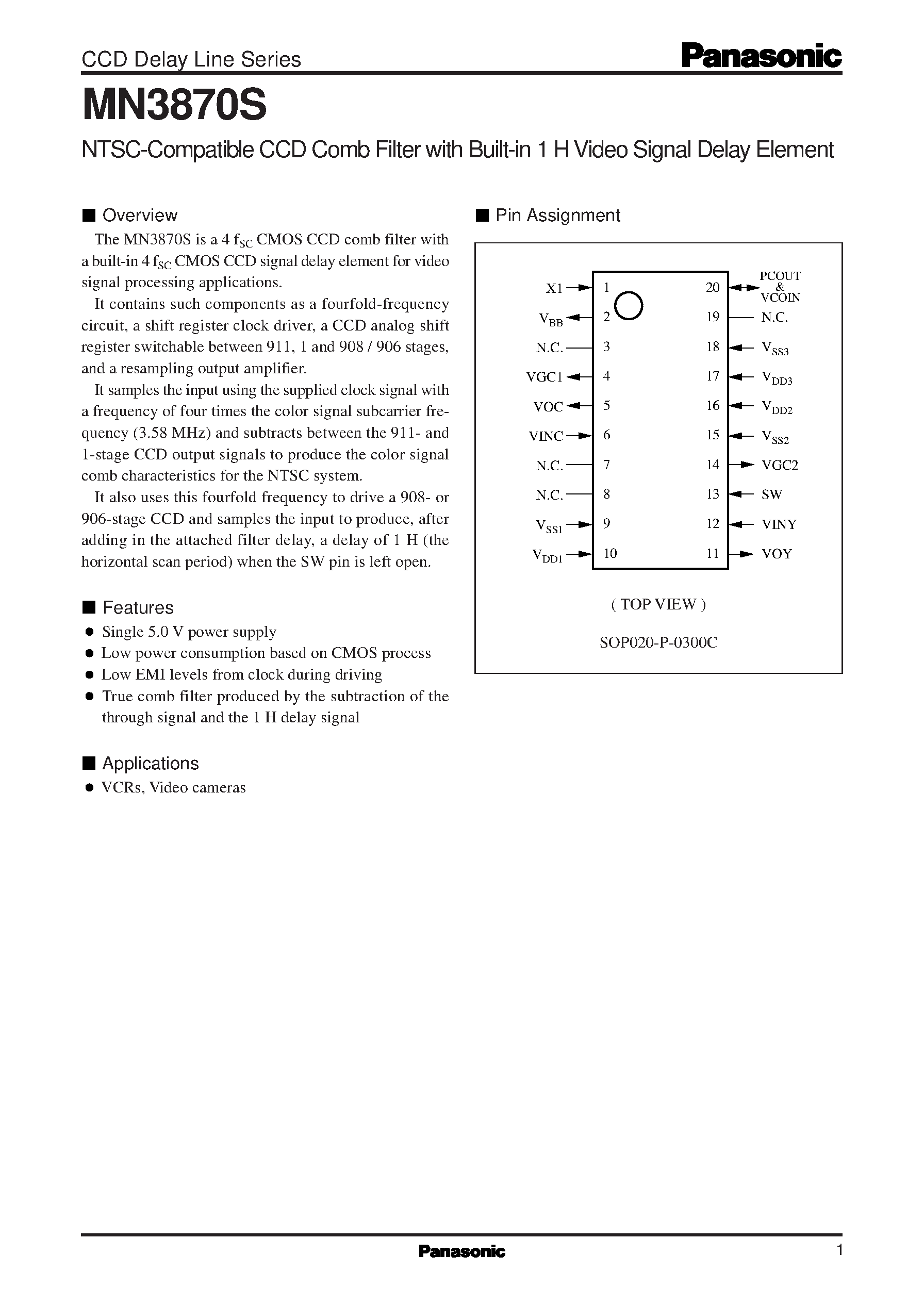 Datasheet MN3870S page 1 Datasheet MN3870S - NTSC-Compatible CCD Comb Filter with Built-in 1 H Video Signal Delay Element page 1