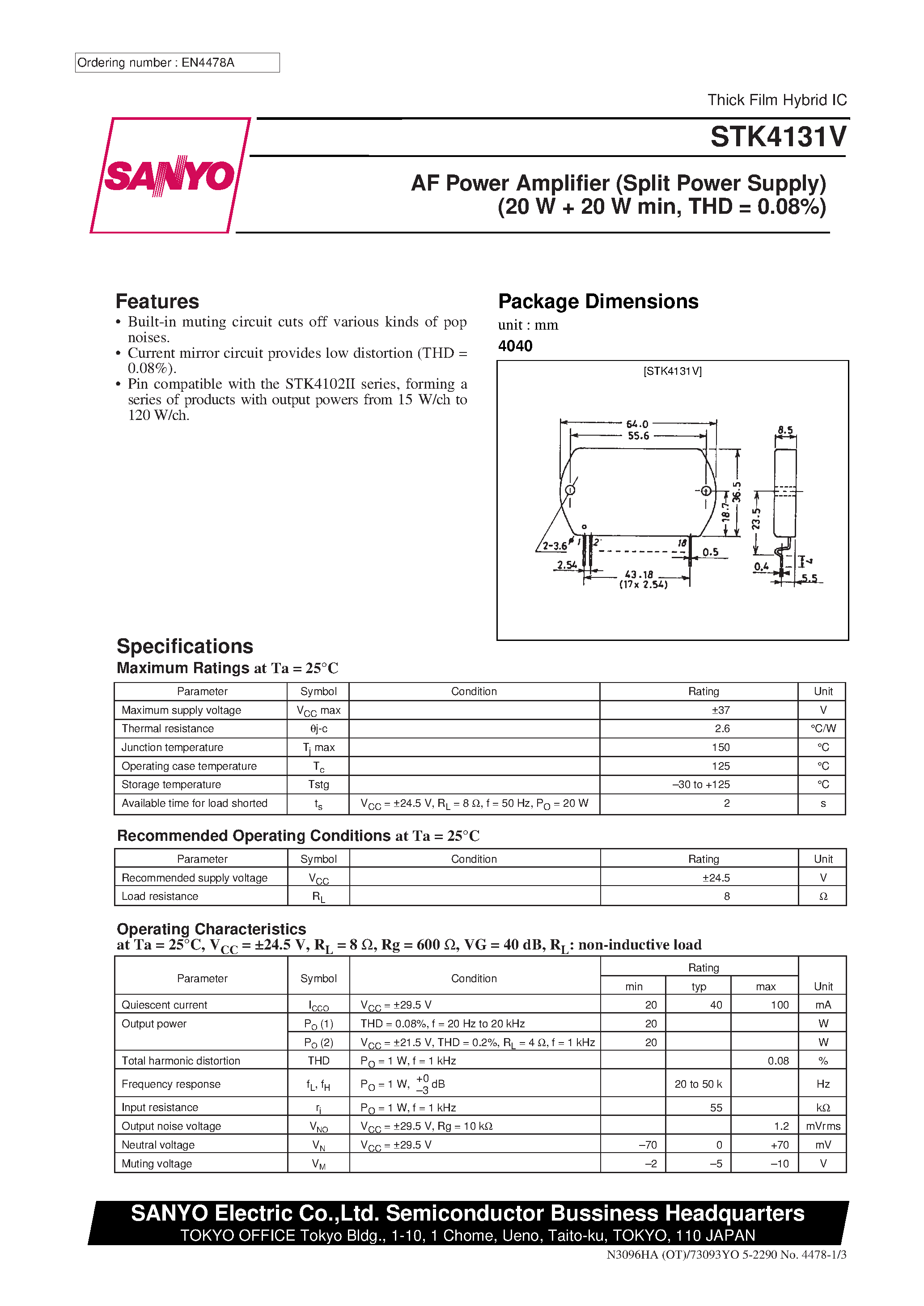 Datasheet STK4131V page 1 Datasheet STK4131V - AF Power Amplifier page 1
