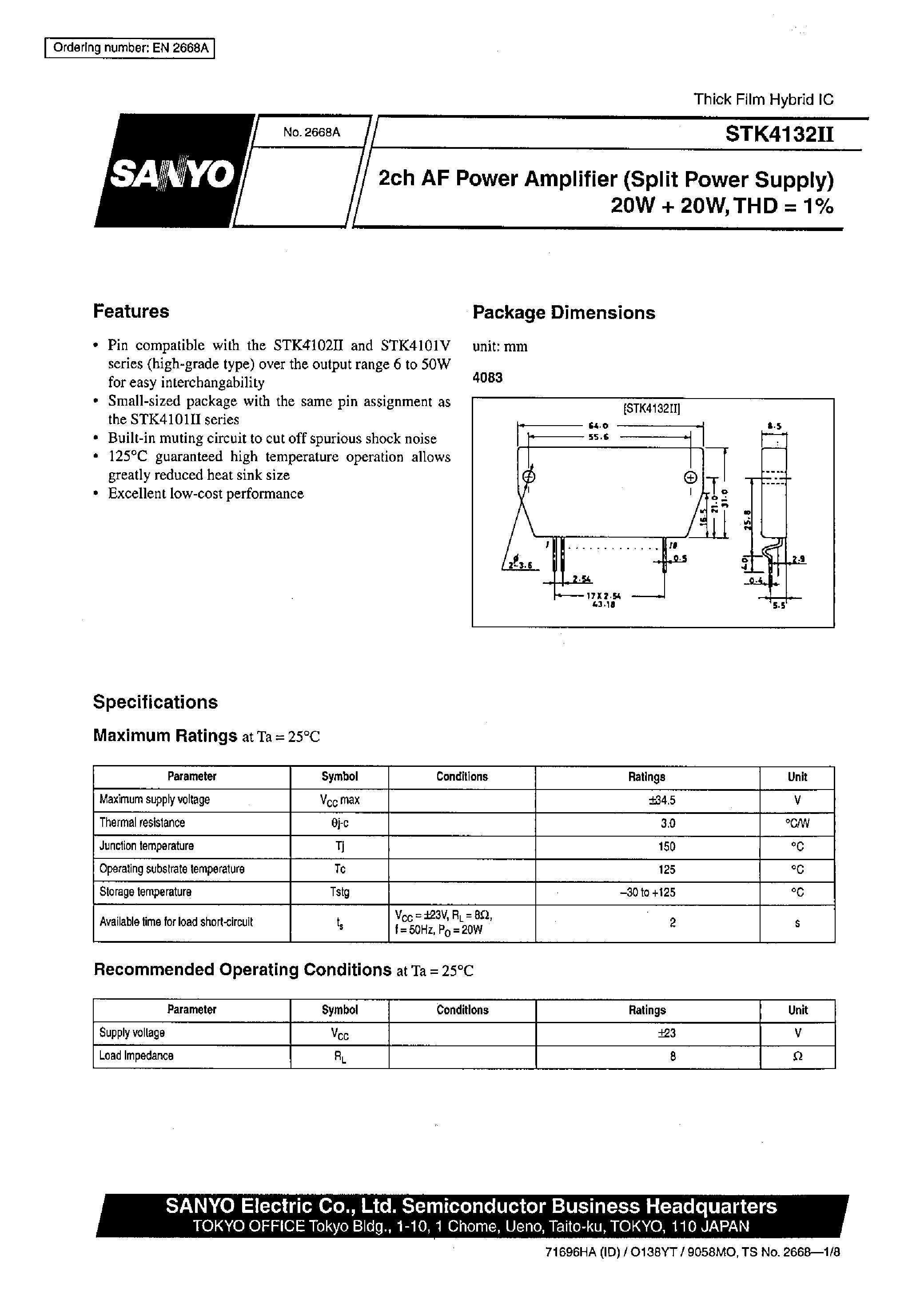 Datasheet STK4132II page 1 Datasheet STK4132II - 2ch AF Power Amplifier page 1