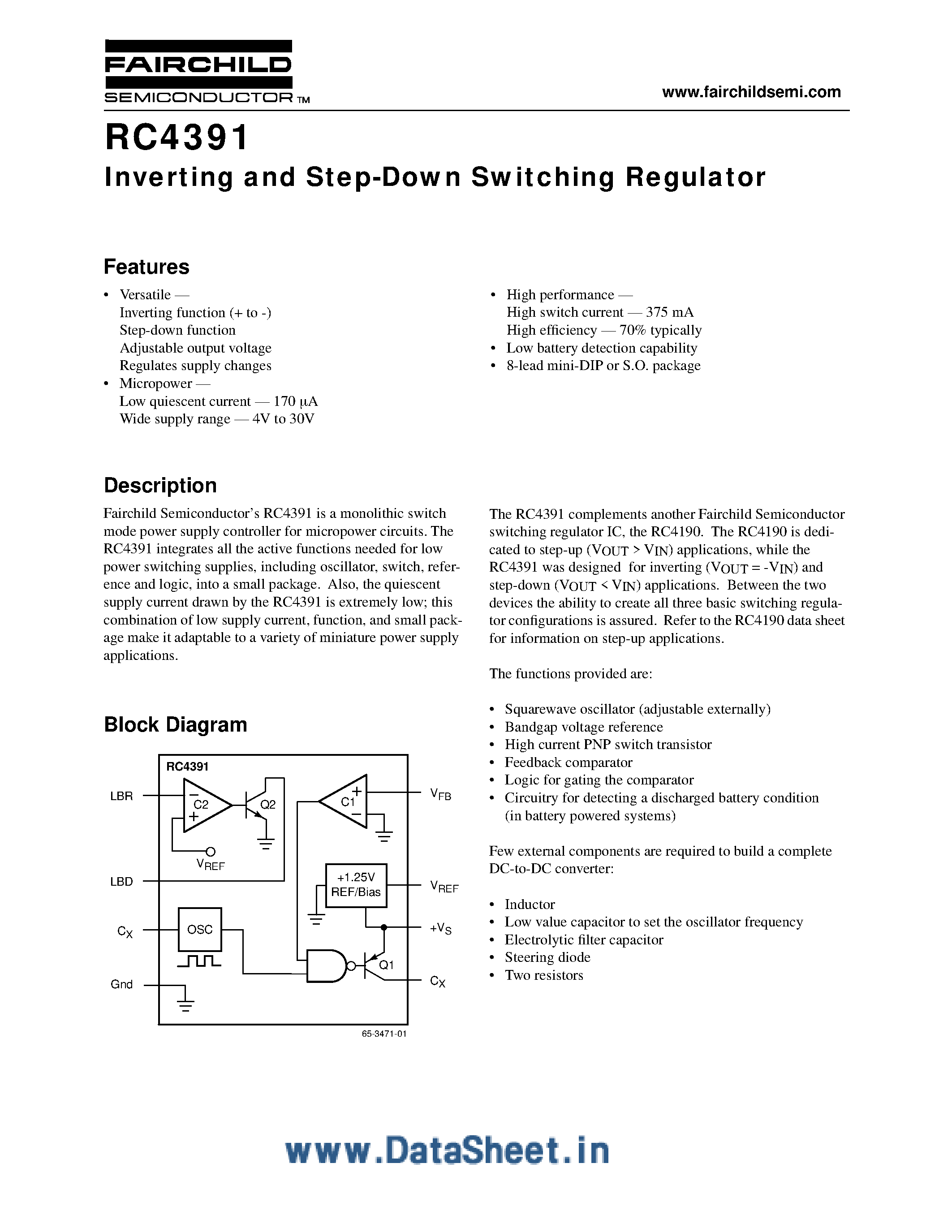 Datasheet RC4391 - Inverting And Step-down Switching Regulator page 1