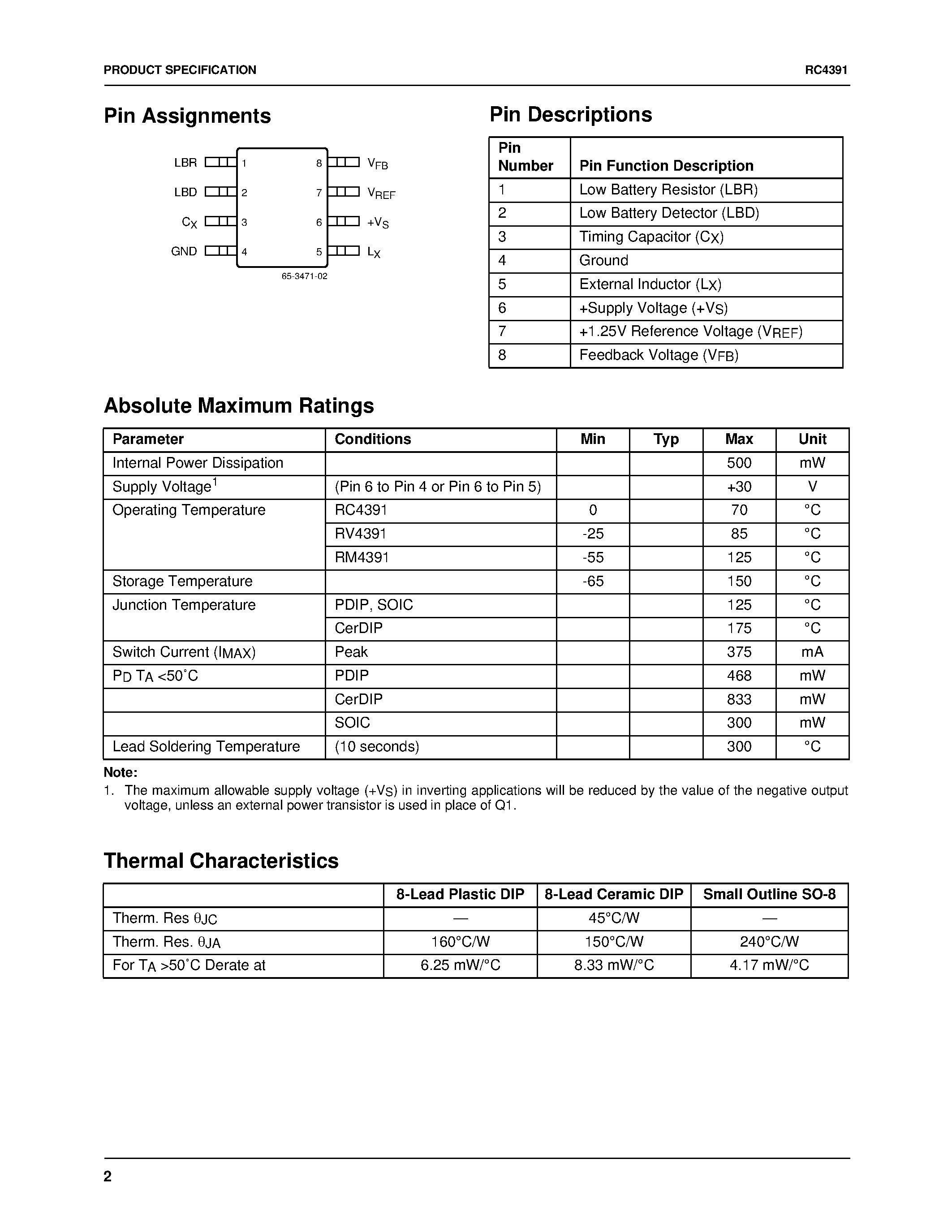 Datasheet RC4391 - Inverting And Step-down Switching Regulator page 2