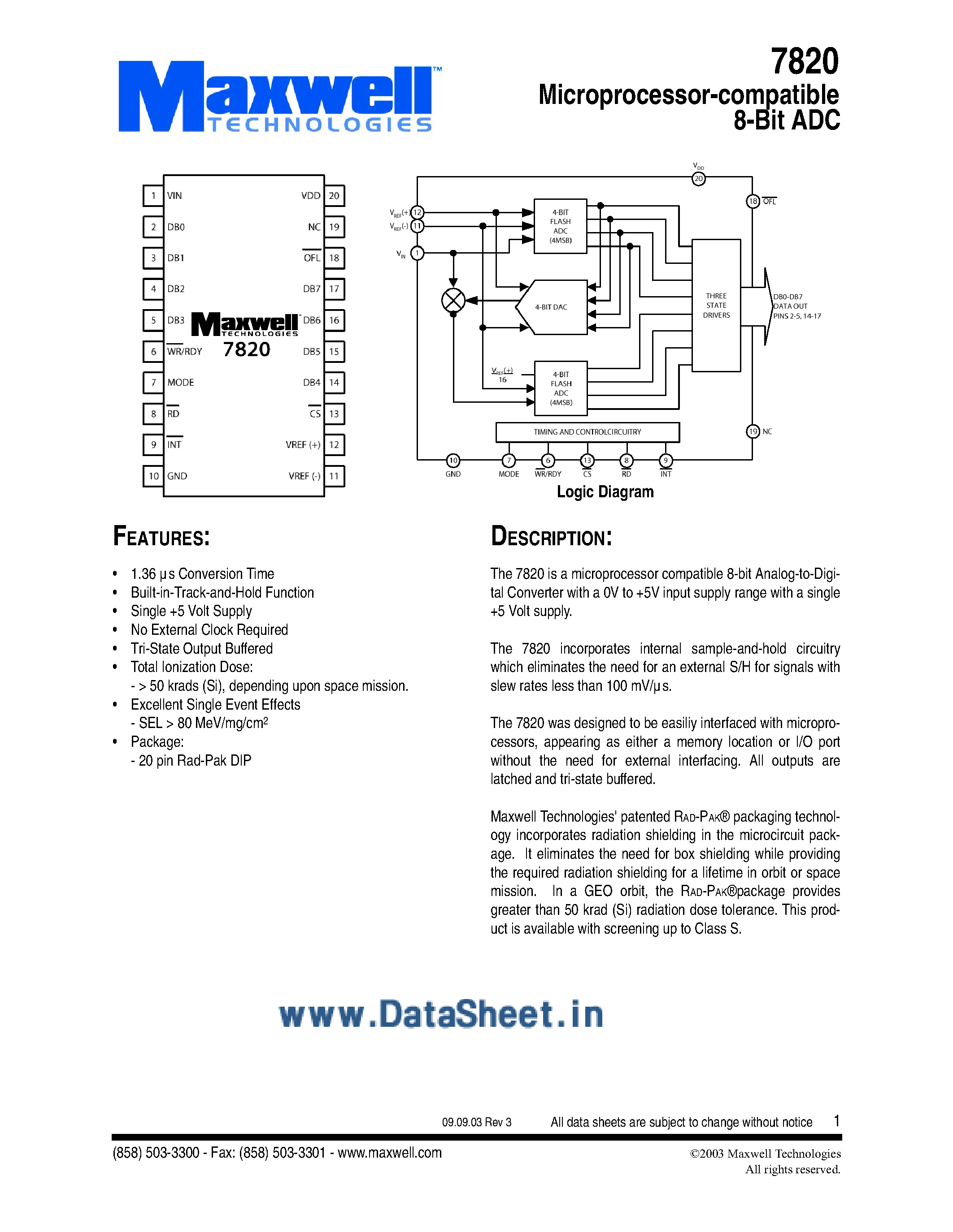 Datasheet 7820 - Microprocessor Compatible 8-Bit ADC page 1