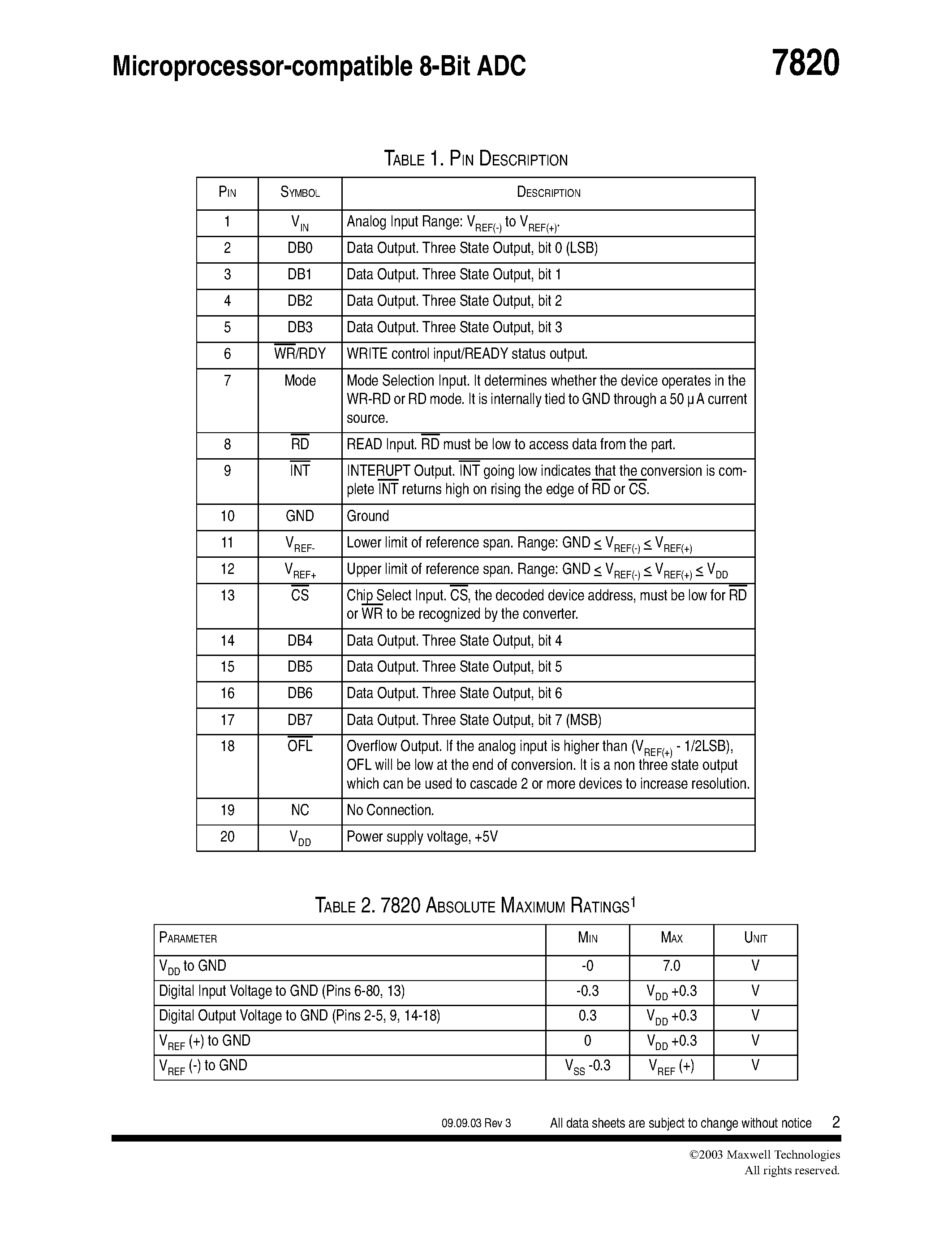 Datasheet 7820 - Microprocessor Compatible 8-Bit ADC page 2