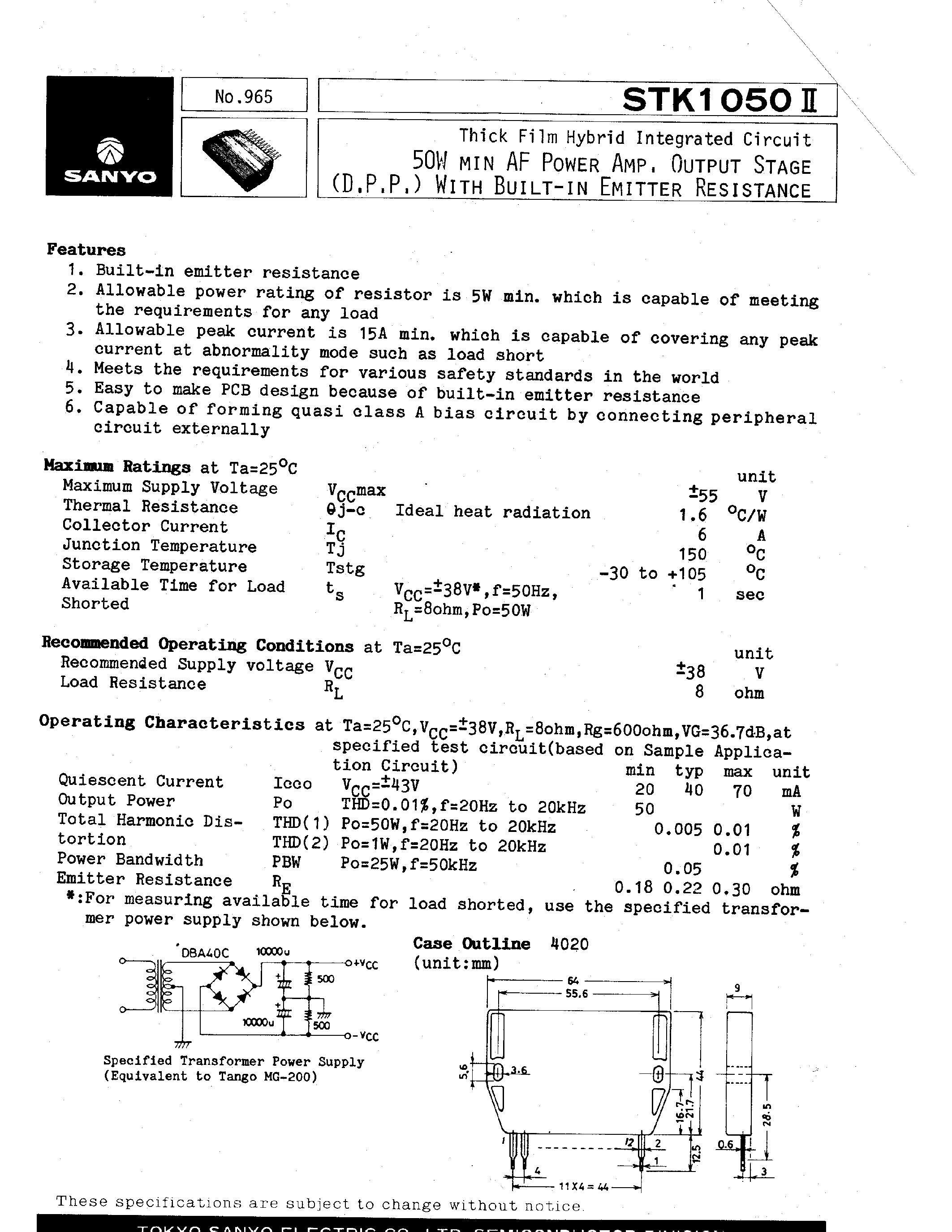 Datasheet STK1050II - Thick Film Hybrid Integrated Circuit 50W min AF Power Amp Output Stage With Built-in Emitter Resistance page 1