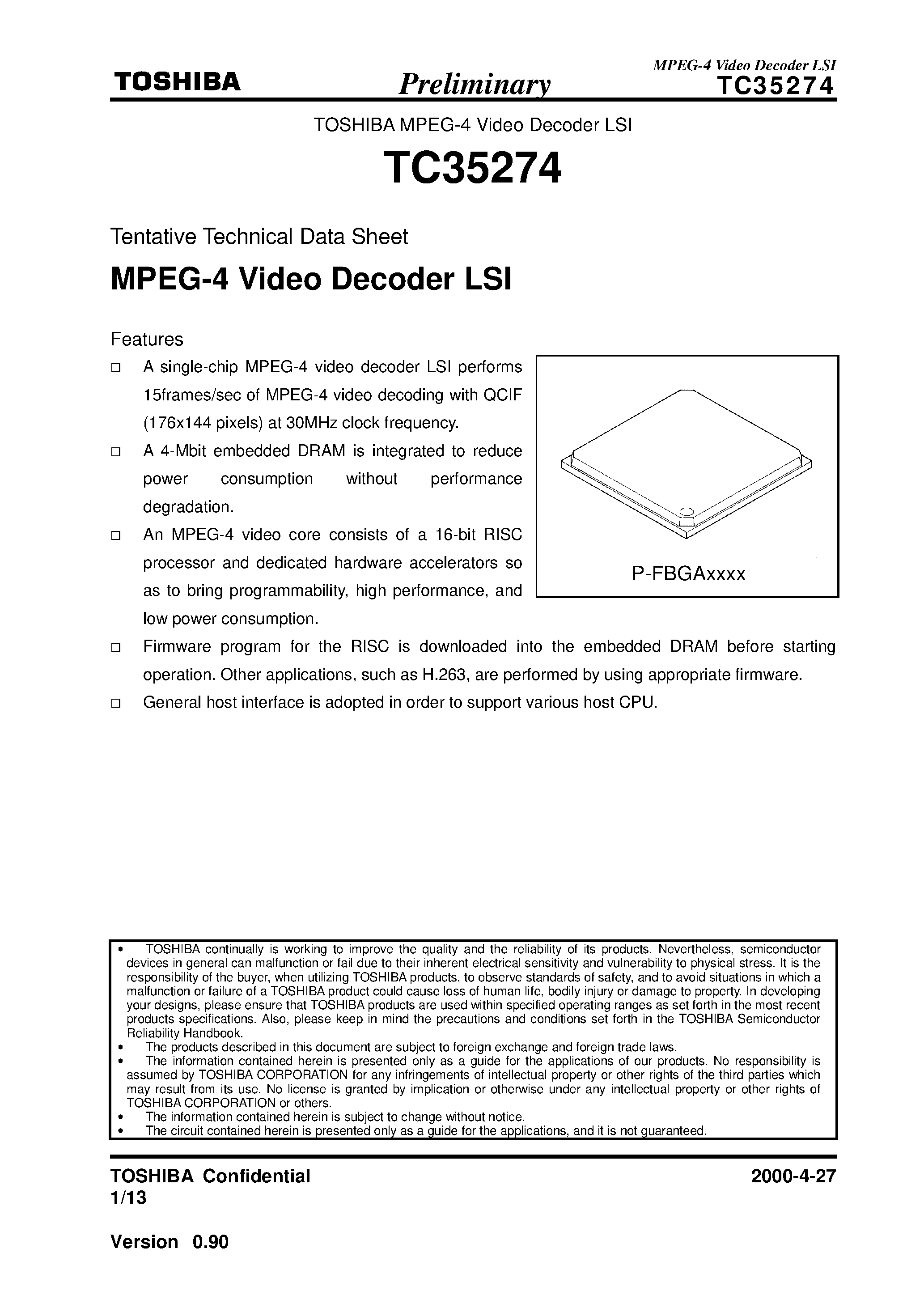 Datasheet TC35274 page 1 Datasheet TC35274 - TOSHIBA MPEG-4 Video Decoder LSI page 1
