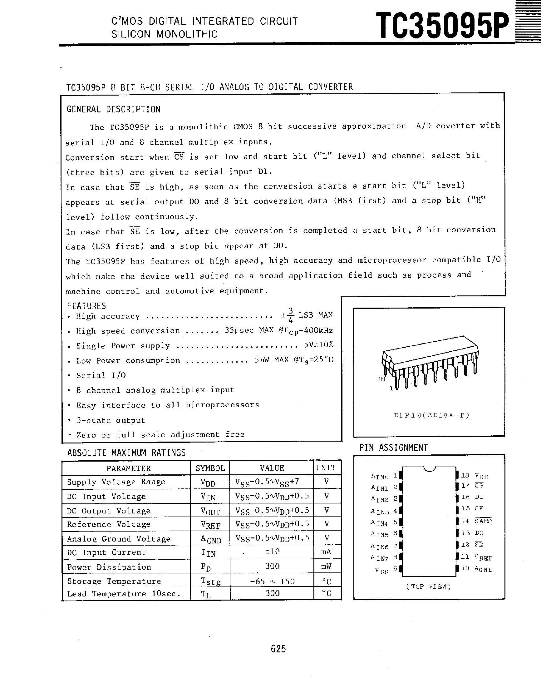 Datasheet TC35095P - 8 BIT 8 CH SERIAL I/O ANALOG TO DIGITAL CONVERTER page 1