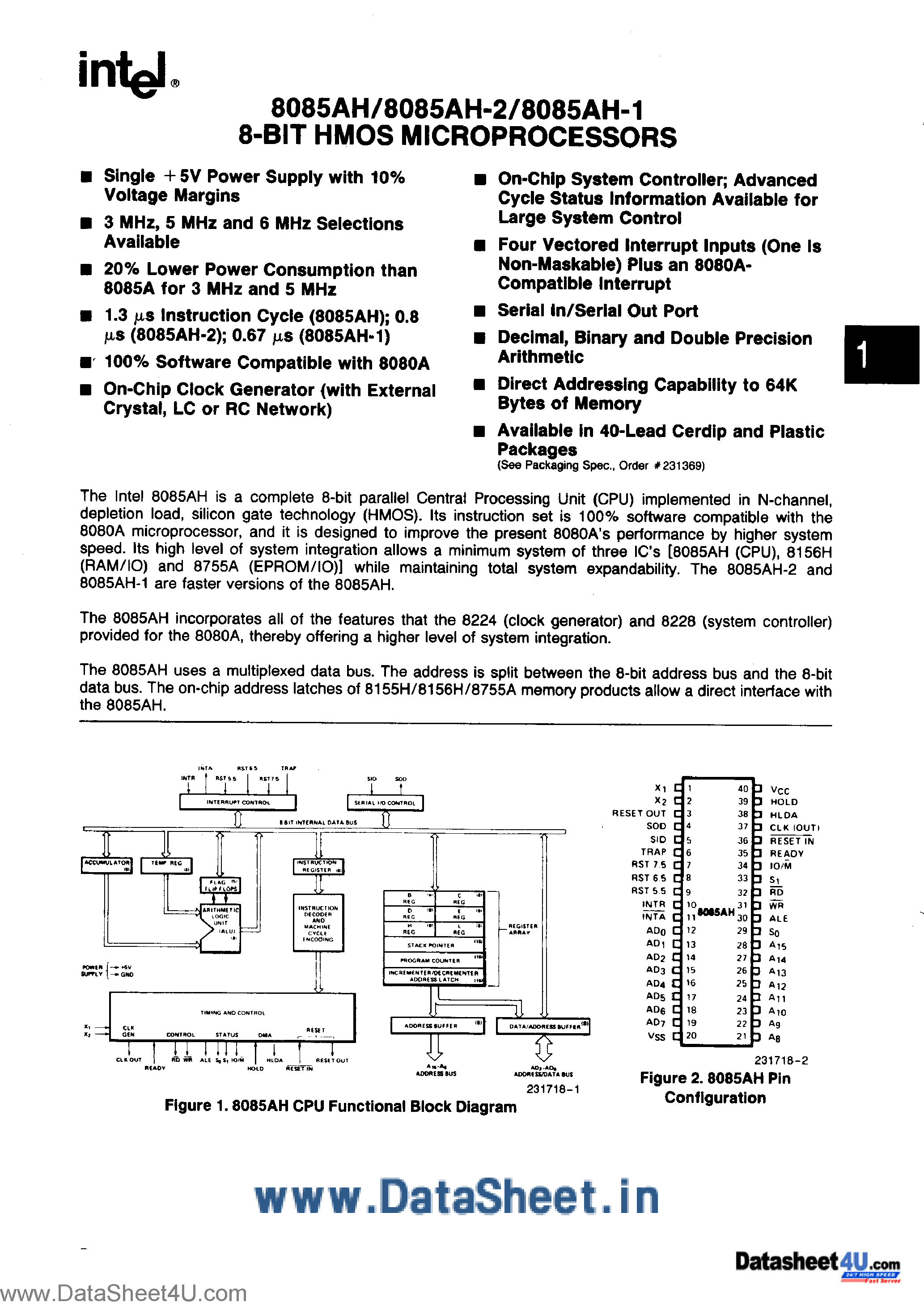 Datasheet D8085AH - 8-Bit HMOS Microprocessors page 1