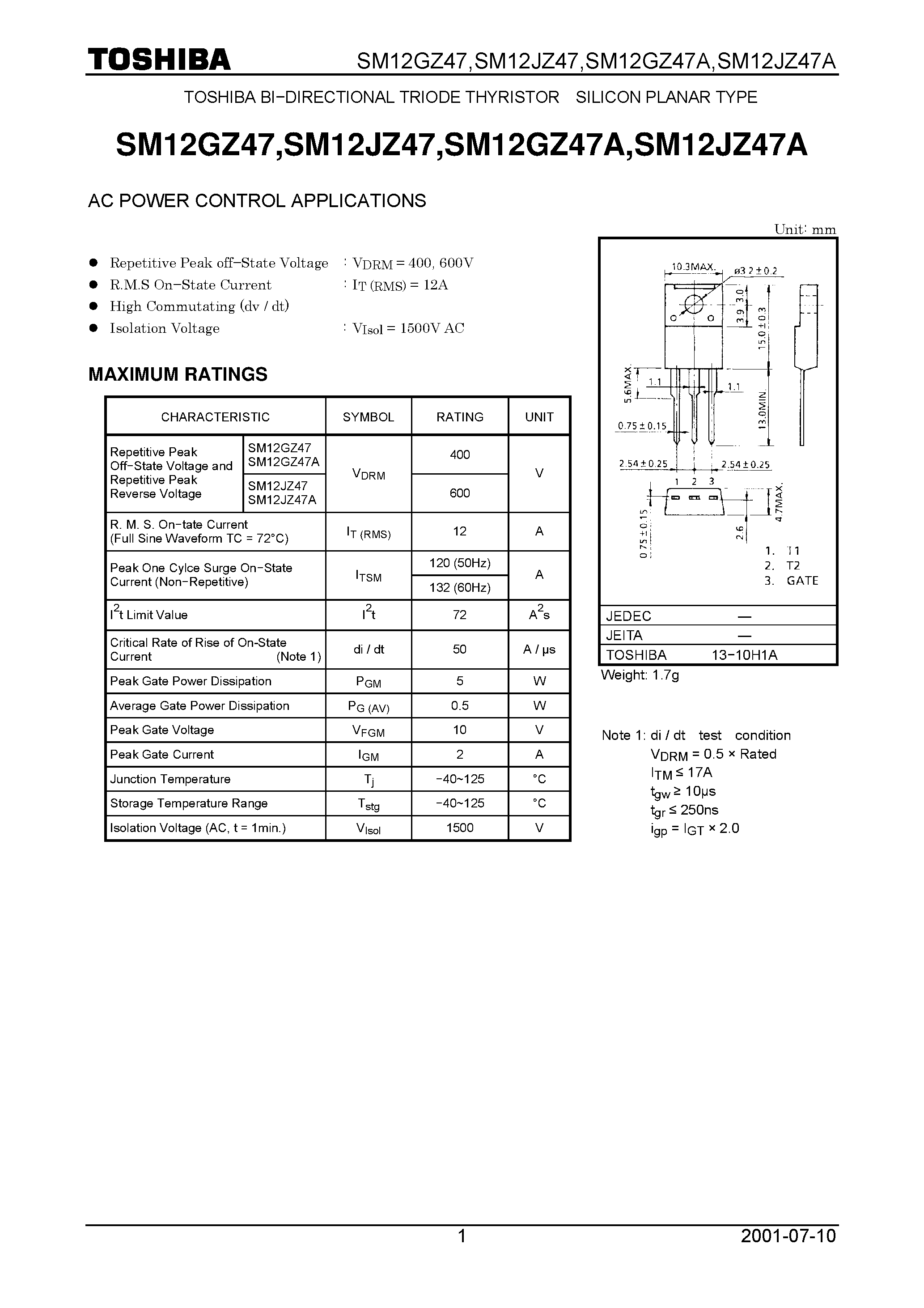 Даташит на микросхему SM12JZ47 страница 1 Даташит SM12JZ47 - AC POWER CONTROL APPLICATIONS страница 1