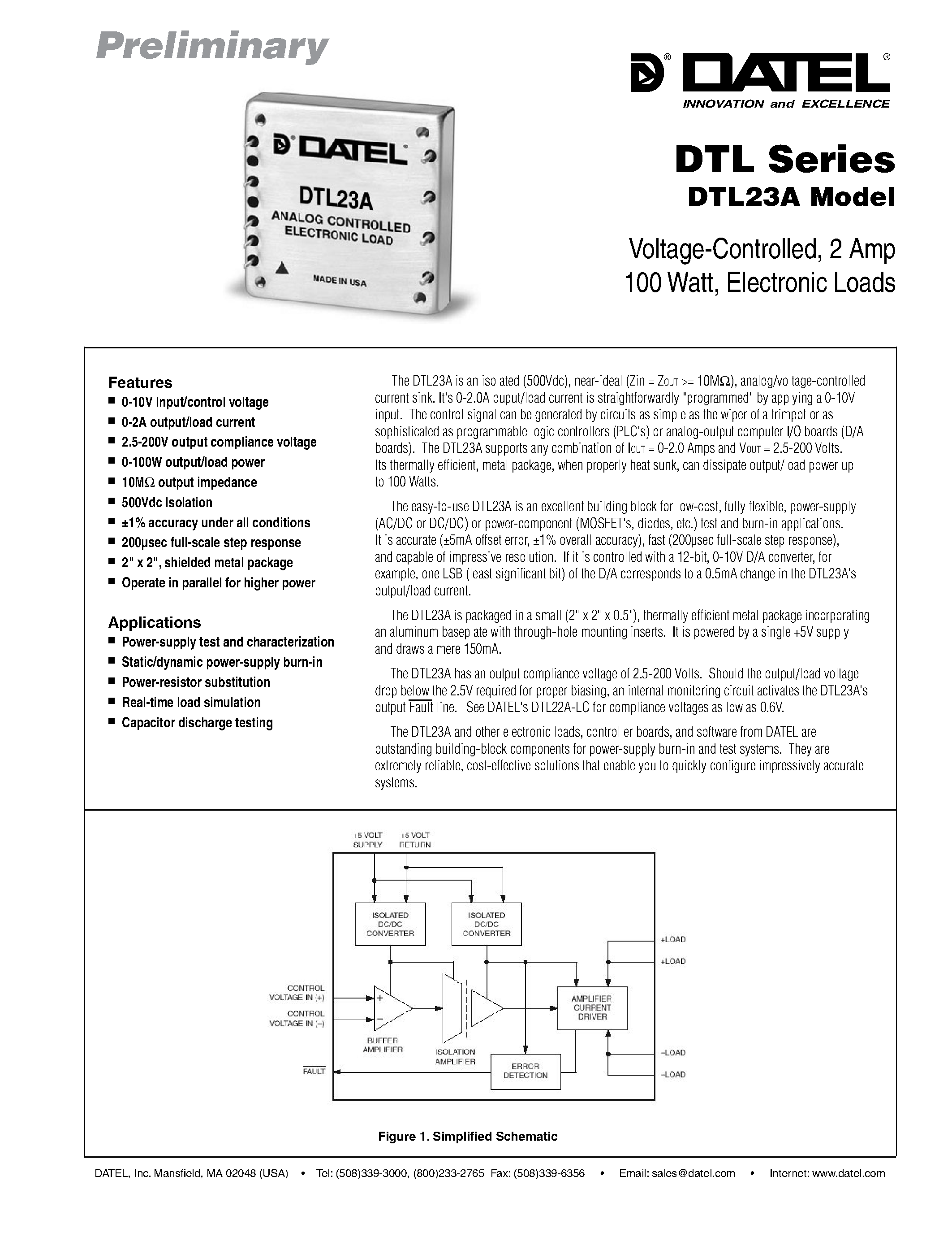 Даташит DTL23A - Voltage-Controlled / 2 Amp 100 Watt / Electronic Loads страница 1