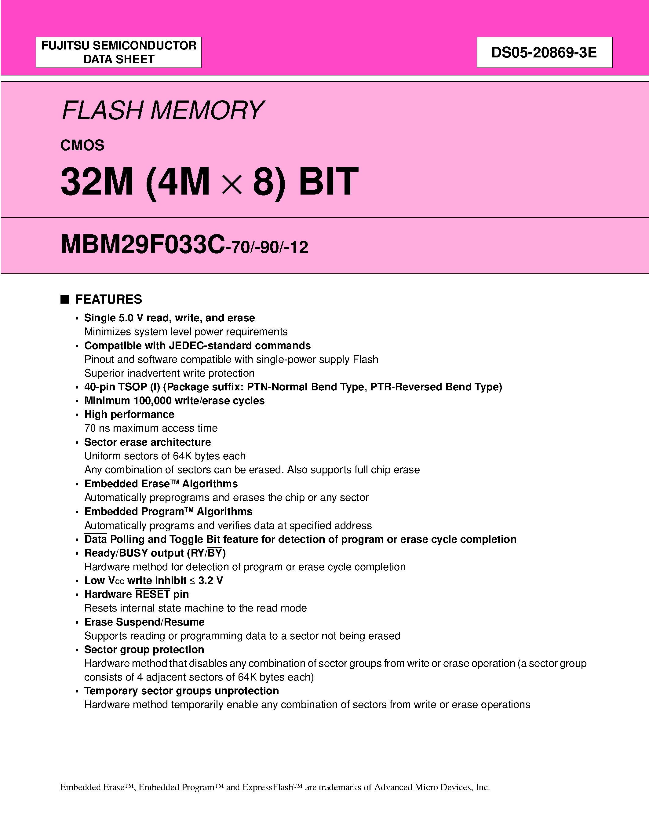 Даташит на микросхему MBM29F033C страница 1 Даташит MBM29F033C - 32M (4M X 8) BIT страница 1