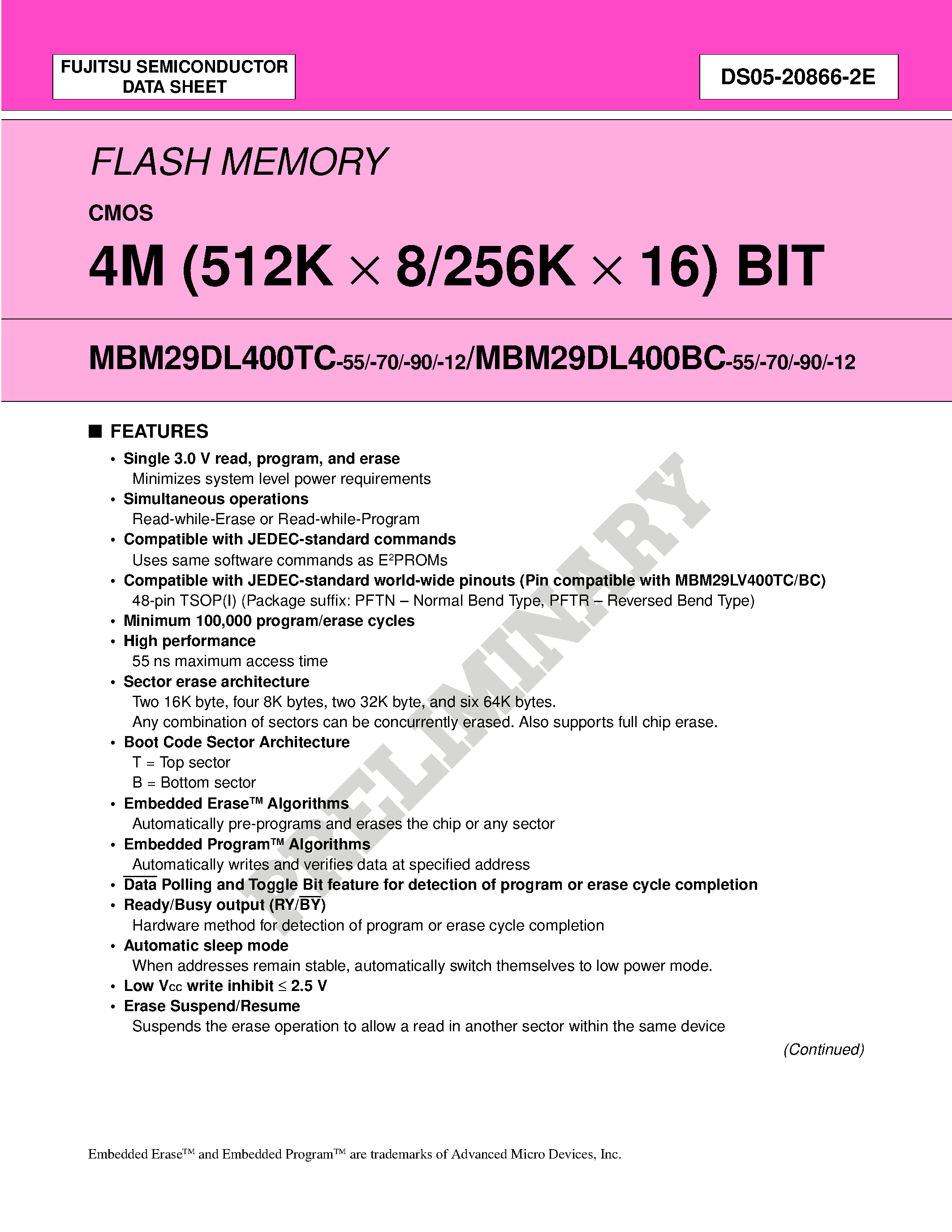 Datasheet MBM29DL400BC - 4M (512K X 8/256K X 16) BIT page 1