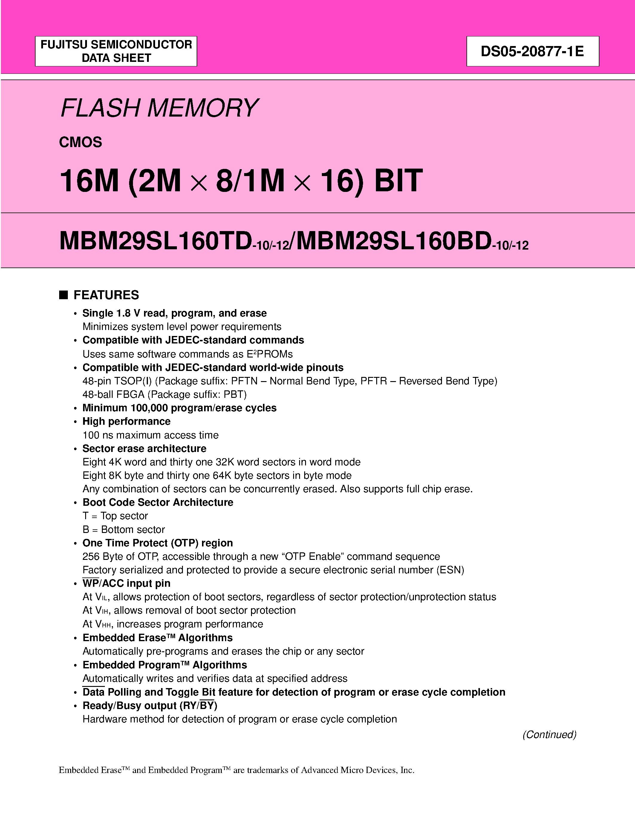 Даташит MBM29SL160BD - 16M (2M x 8/1M x 16) BIT страница 1