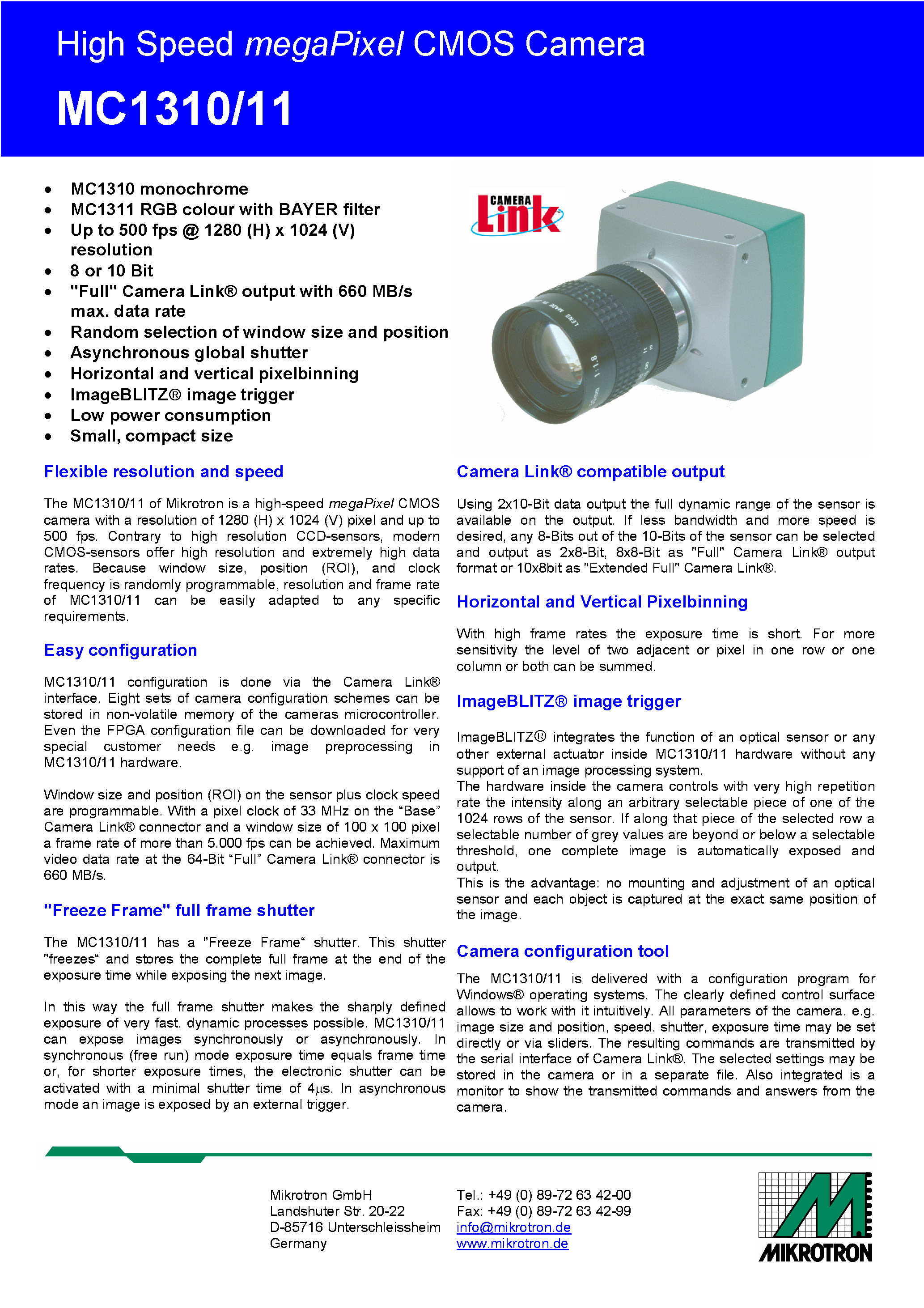 Datasheet MC1310 - (MC1310 / MC1311) High Speed MegaPixel CMOS Camera page 1