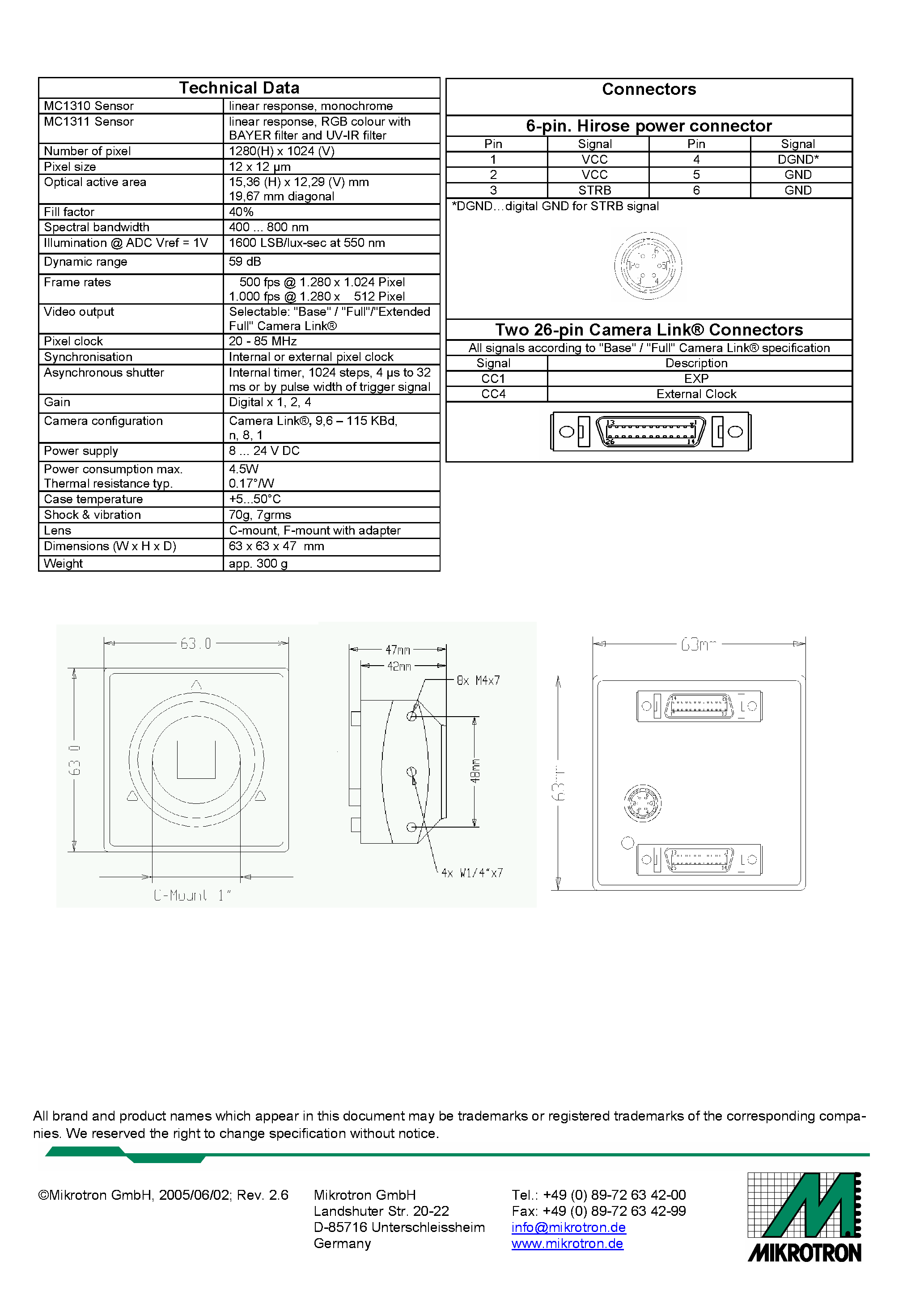 Datasheet MC1310 - (MC1310 / MC1311) High Speed MegaPixel CMOS Camera page 2