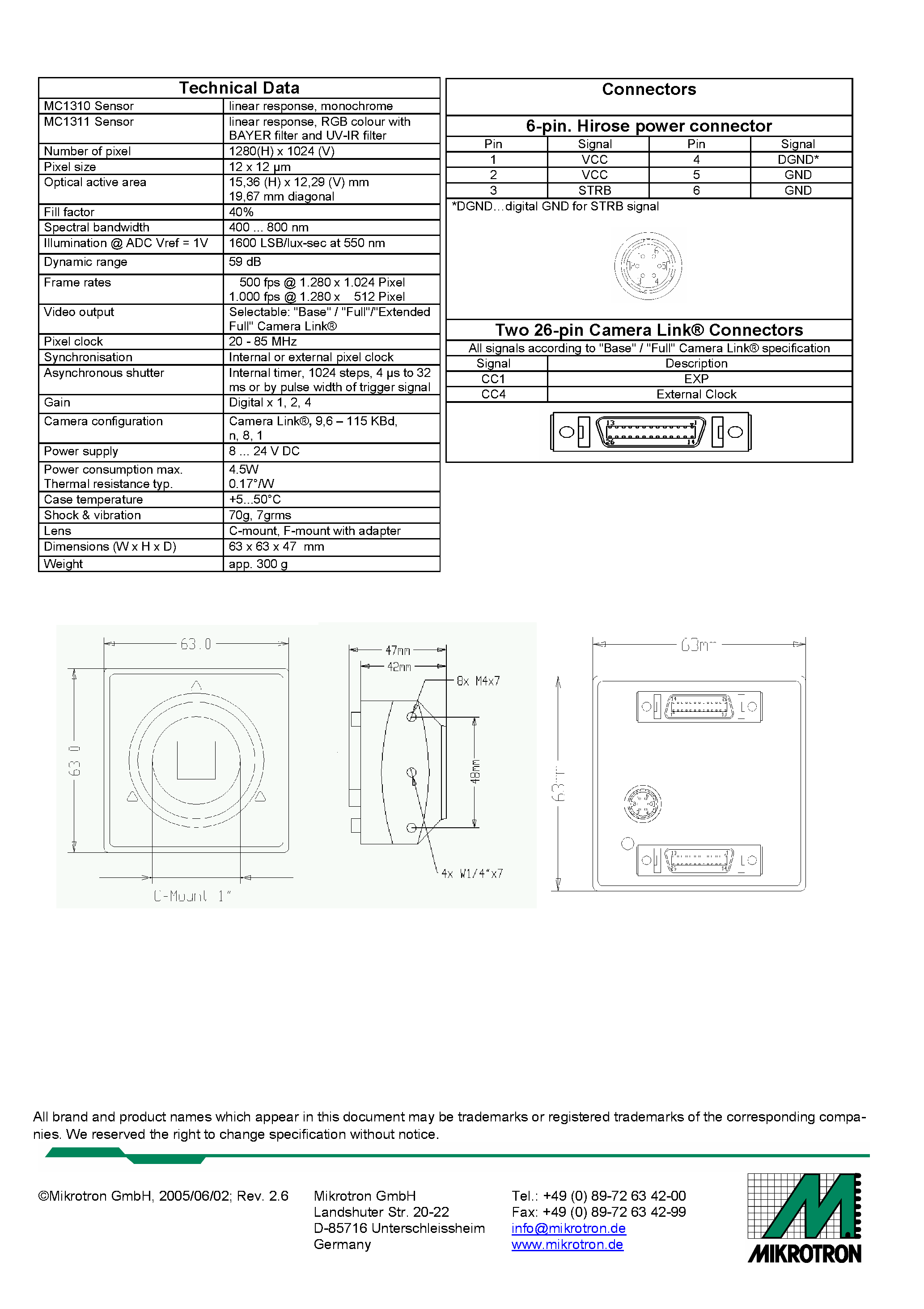 Даташит MC1310 - (MC1310 / MC1311) High Speed MegaPixel CMOS Camera страница 2