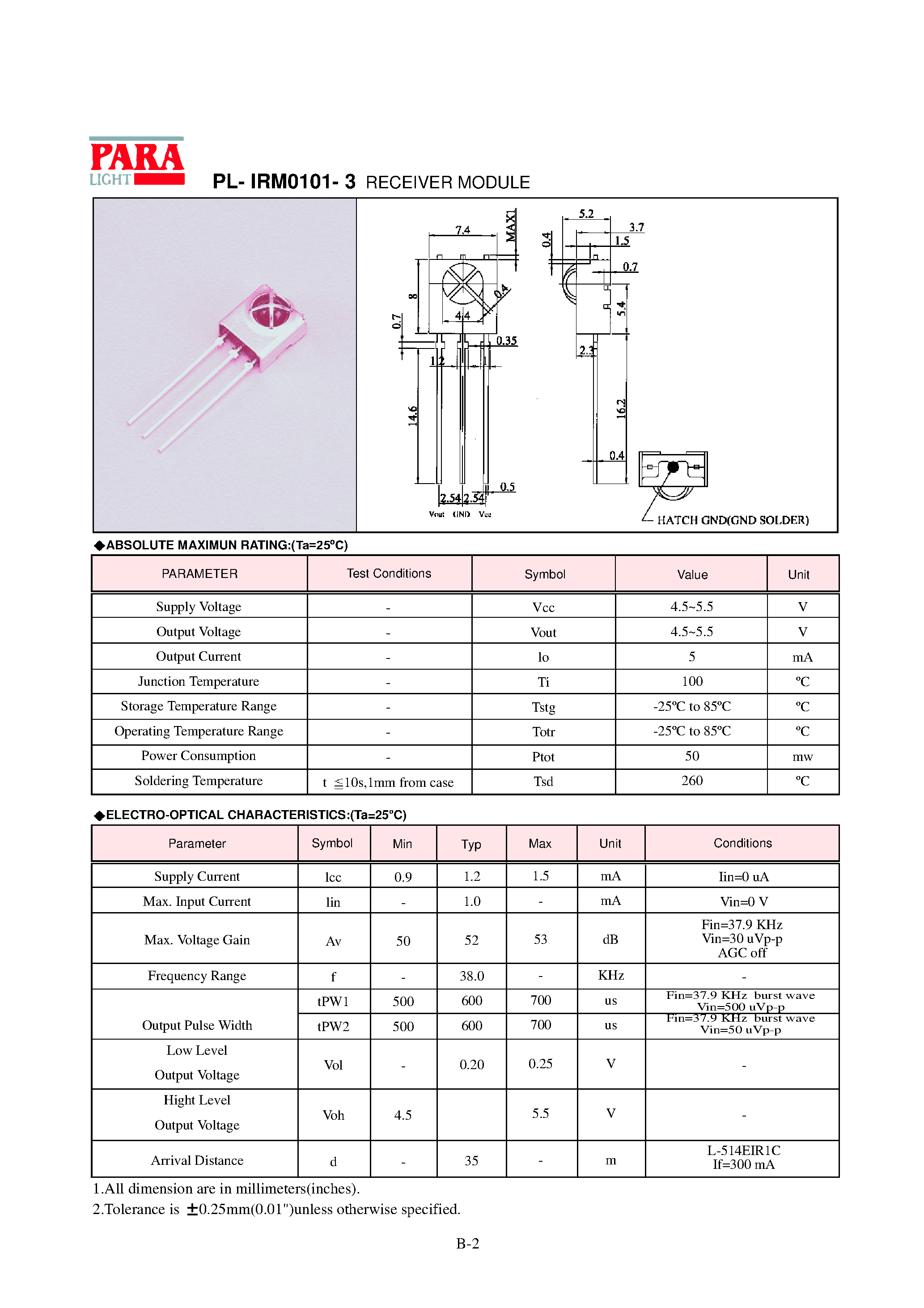 Datasheet L-51ROPT1D1 page 2 Datasheet L-51ROPT1D1 - Receiver Module page 2