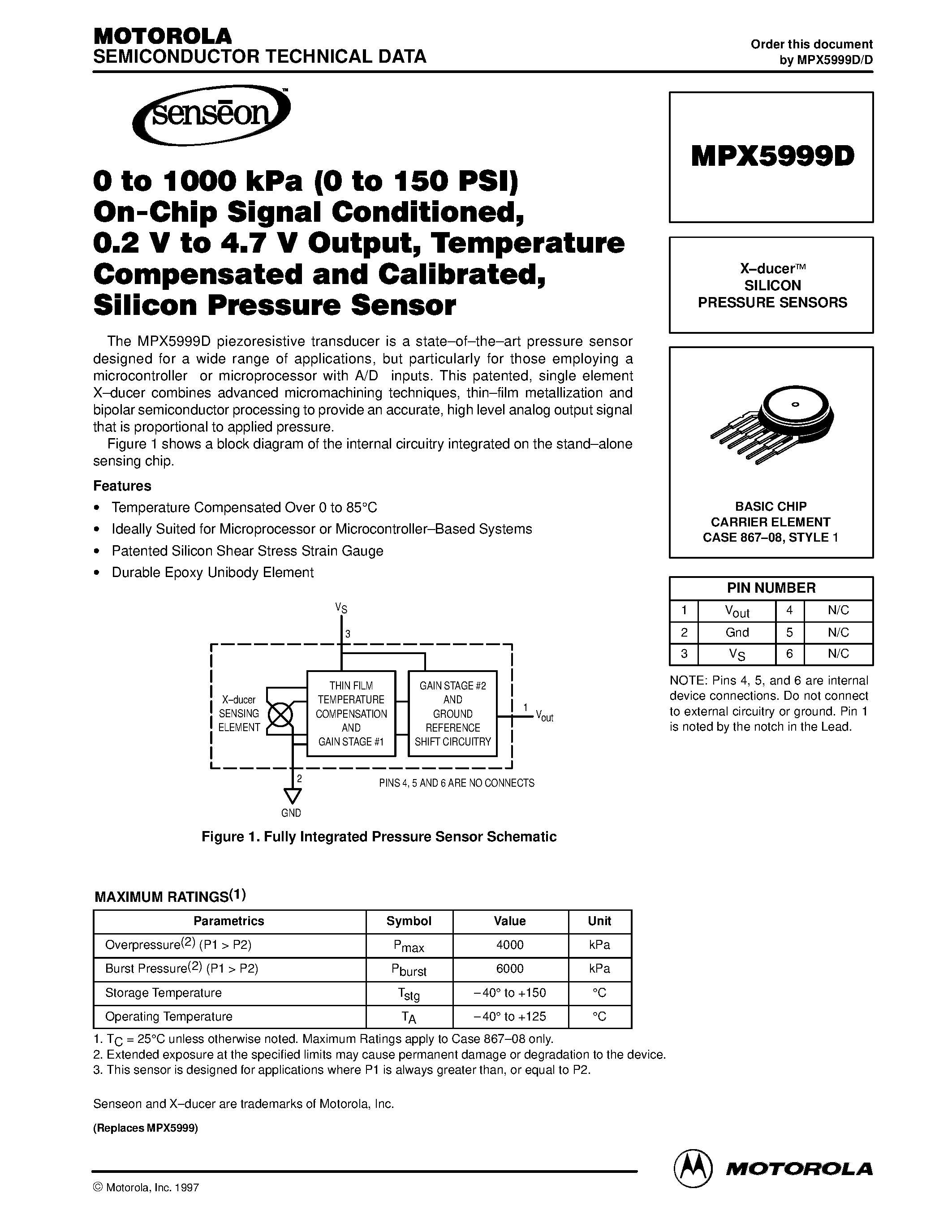 Datasheet MPX5999D - X-ducer SILICON PRESSURE SENSORS page 1
