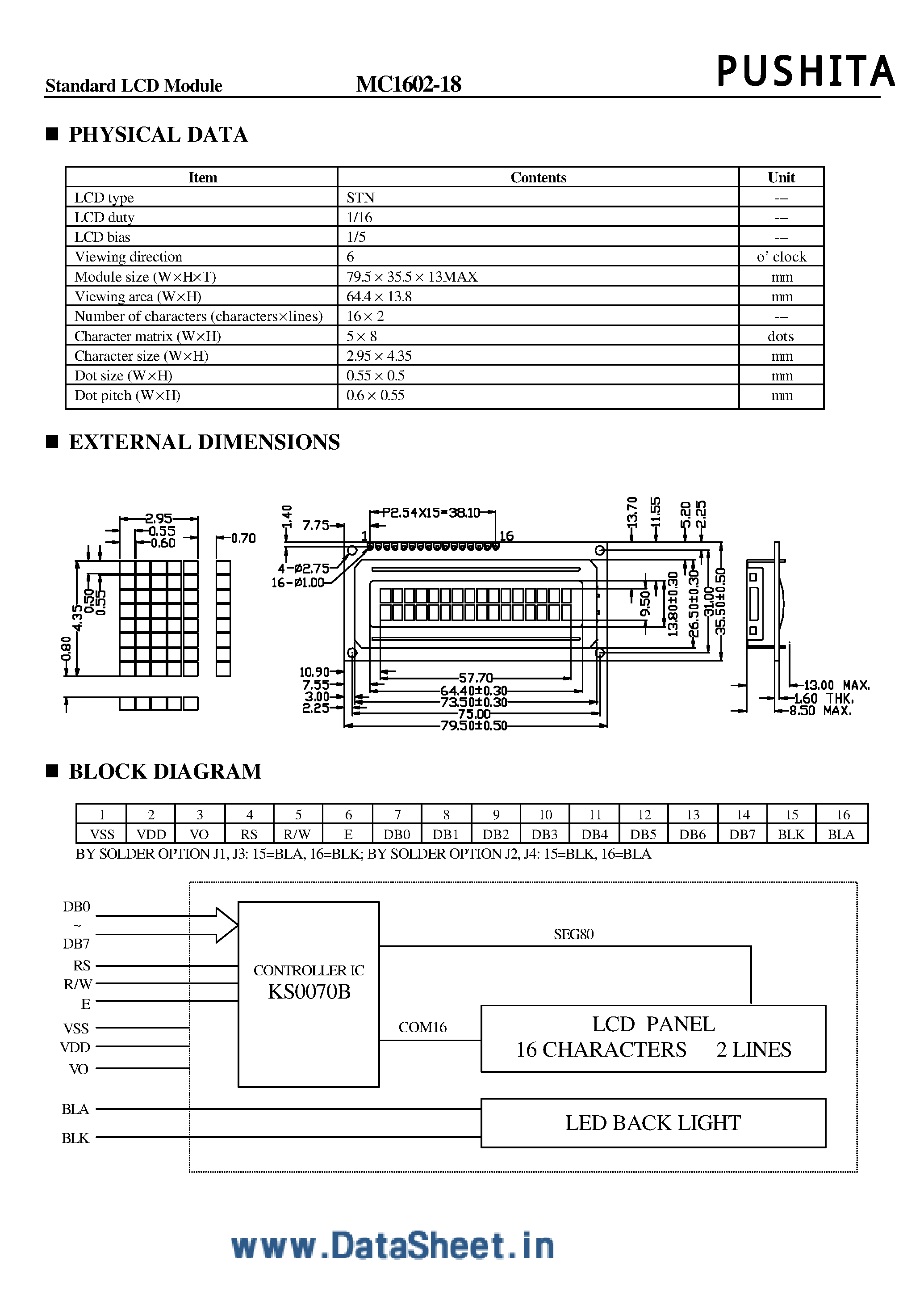 Даташит на микросхему MC1602-18 страница 1 Даташит MC1602-18 - Standard LCD Module страница 1