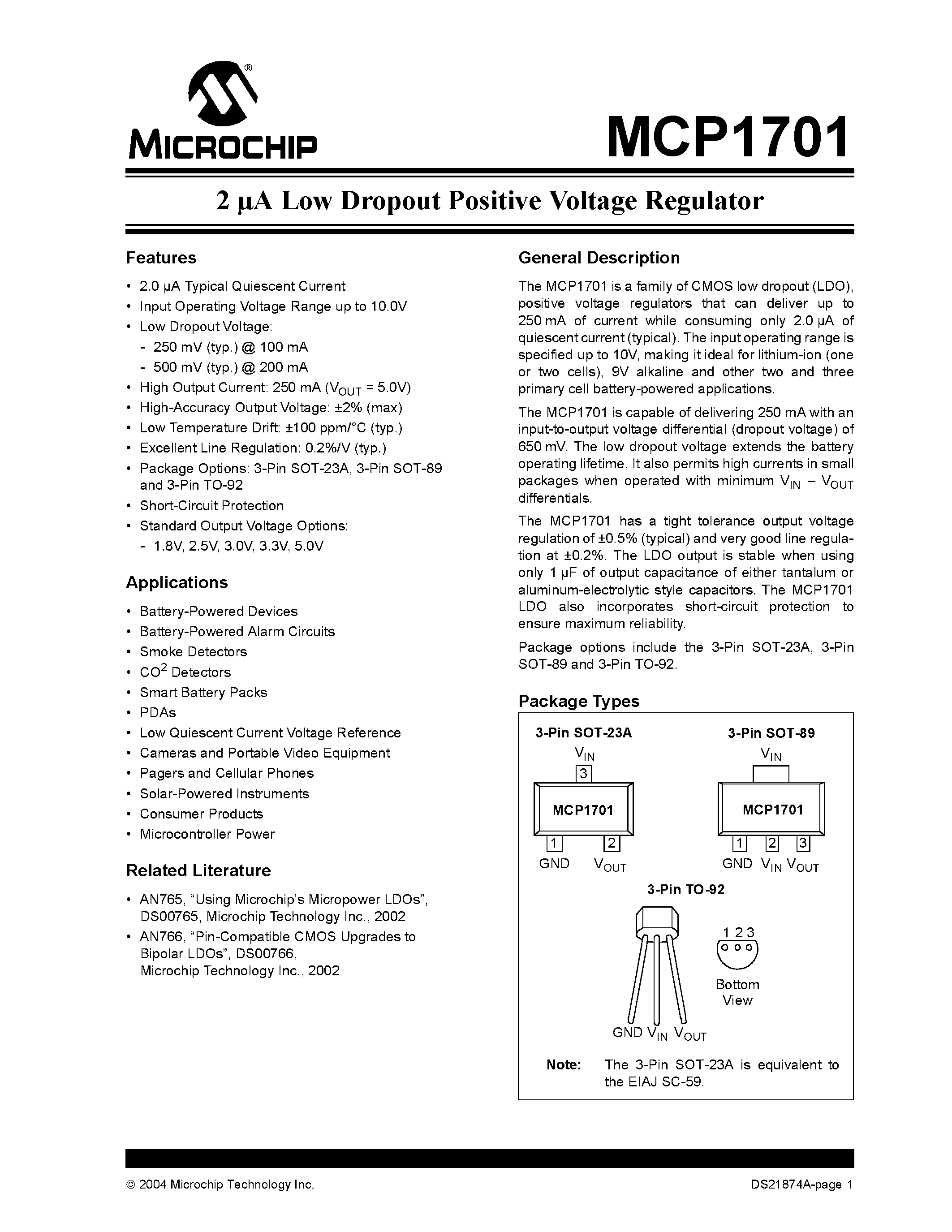 Даташит на микросхему MCP1701 страница 1 Даташит MCP1701 - 2 uA Low Dropout Positive Voltage Regulator страница 1